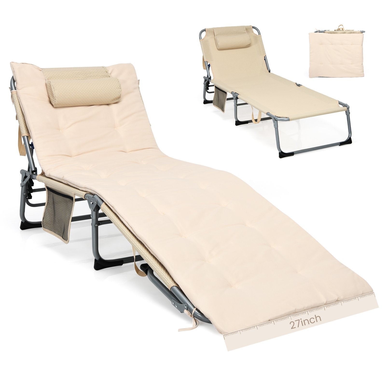 4-Fold Oversize Padded Folding Lounge Chair with Removable Soft Mattress, Beige Outdoor Chaise Lounges   at Gallery Canada