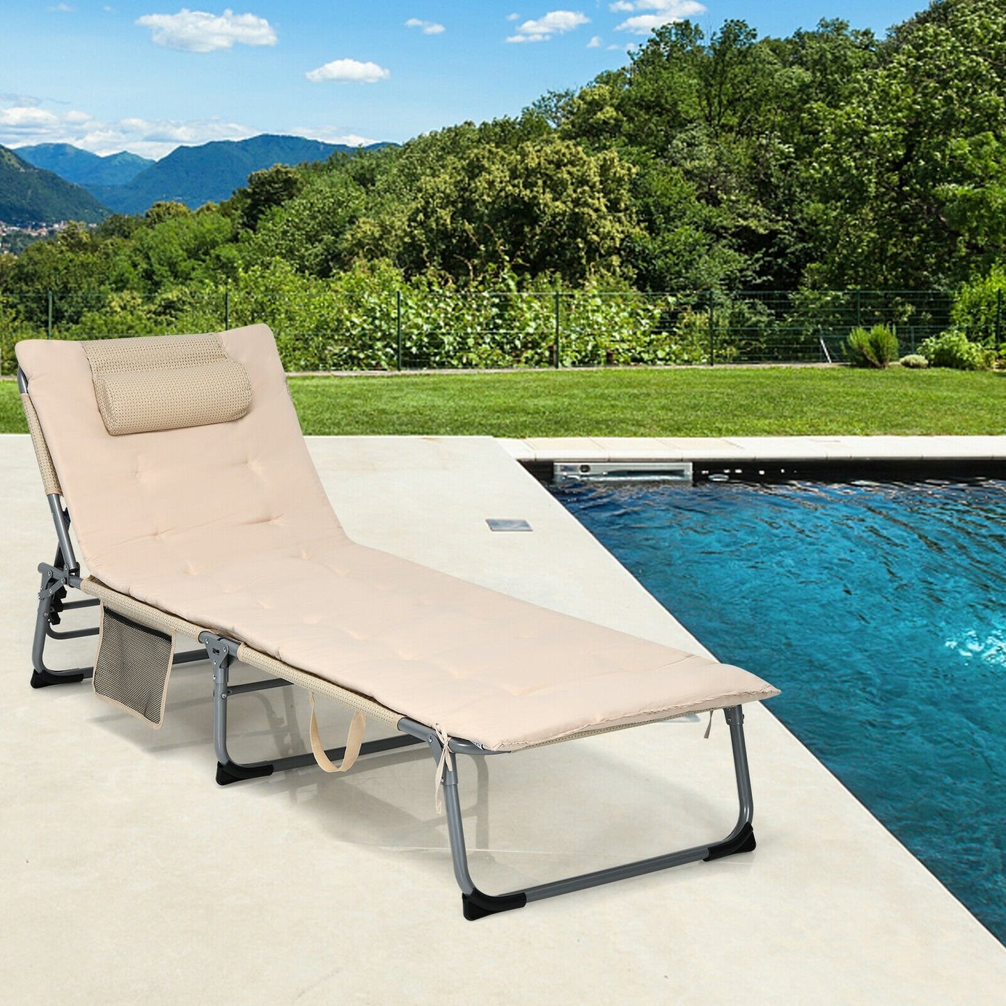 4-Fold Oversize Padded Folding Lounge Chair with Removable Soft Mattress, Beige Outdoor Chaise Lounges   at Gallery Canada