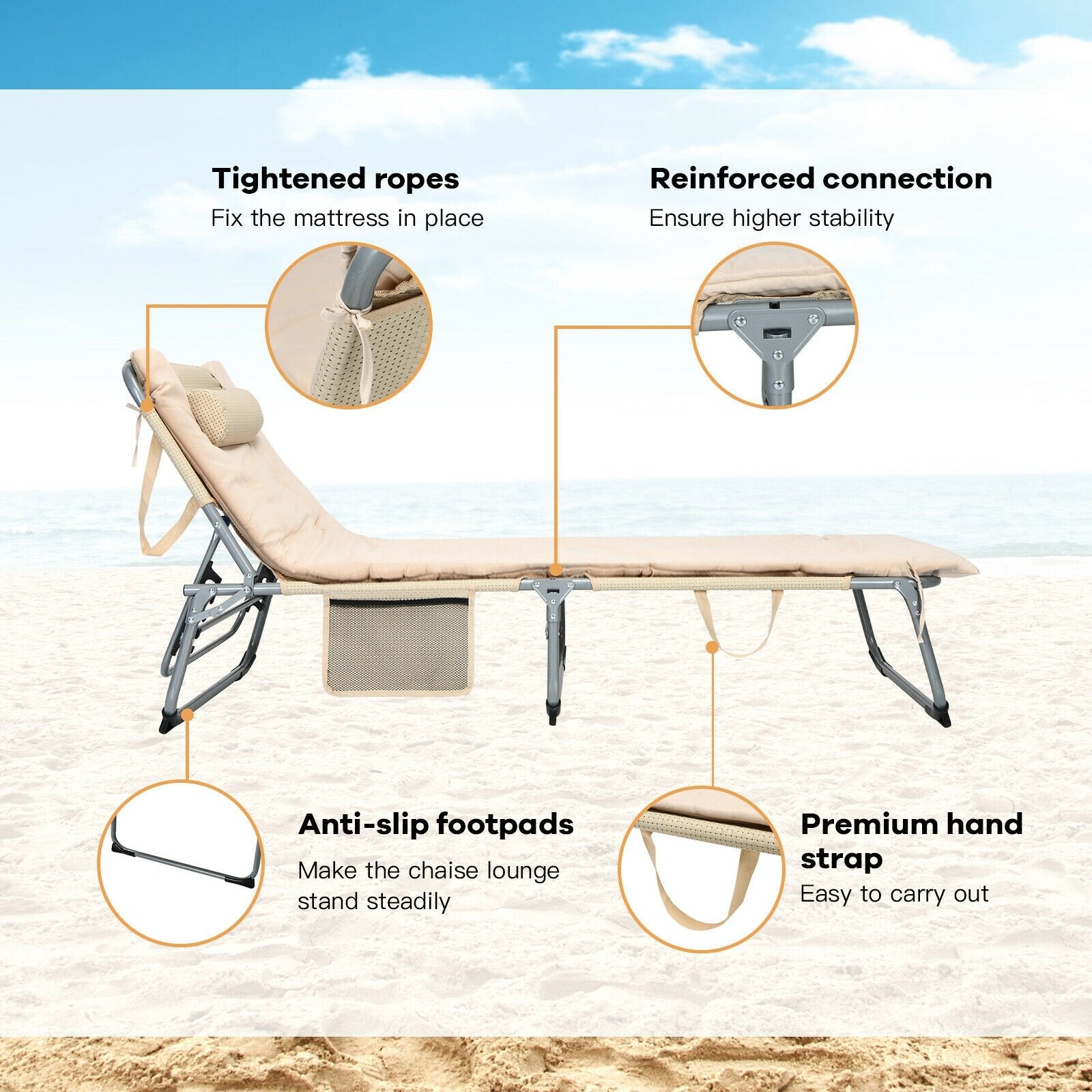 4-Fold Oversize Padded Folding Lounge Chair with Removable Soft Mattress, Beige Outdoor Chaise Lounges   at Gallery Canada