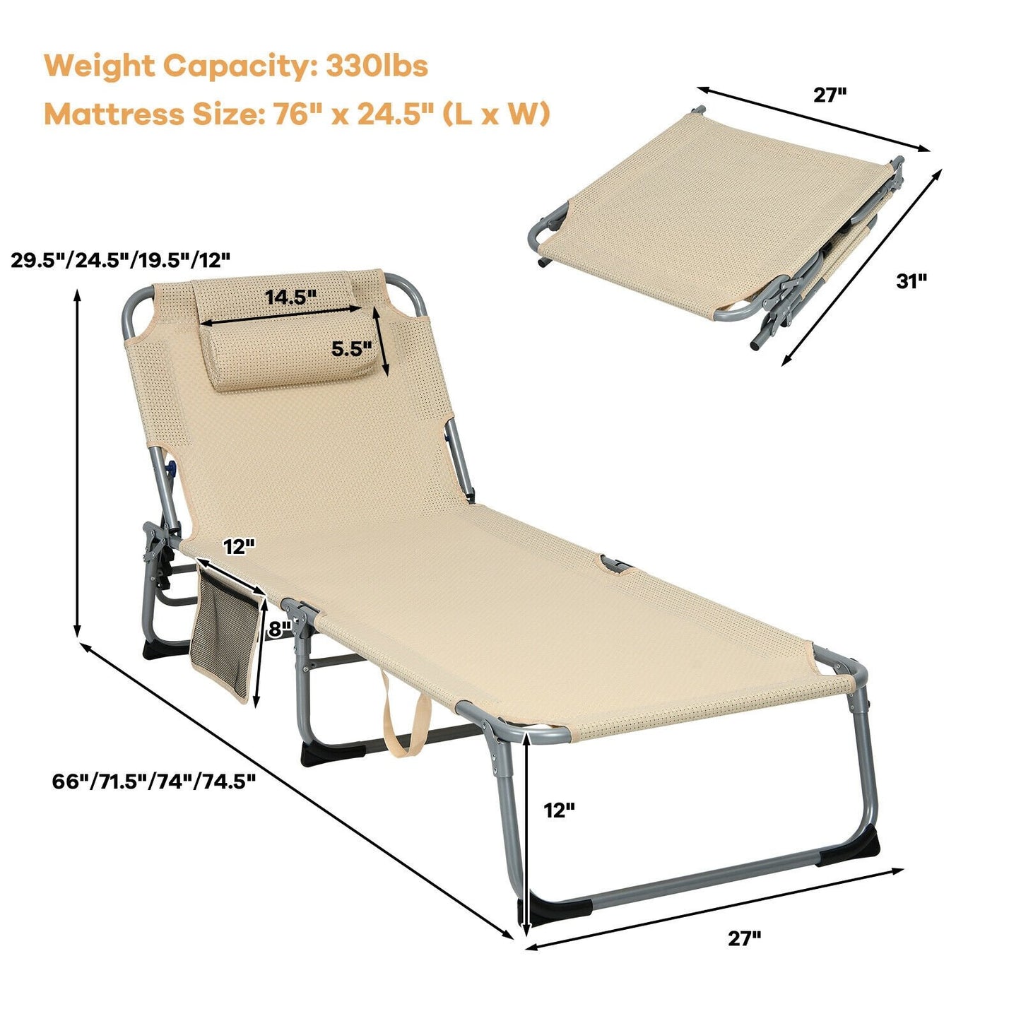 4-Fold Oversize Padded Folding Lounge Chair with Removable Soft Mattress, Beige Outdoor Chaise Lounges   at Gallery Canada