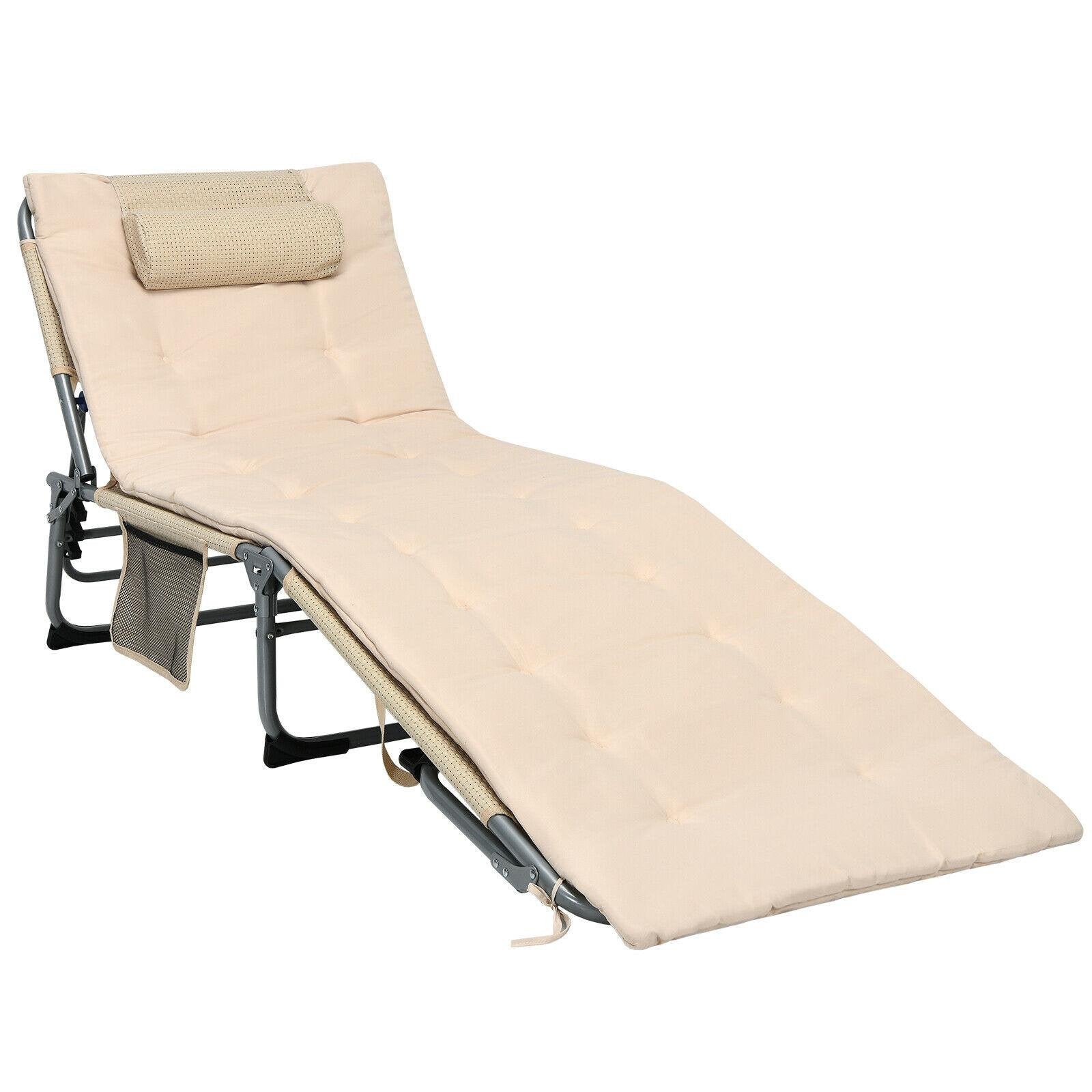 4-Fold Oversize Padded Folding Lounge Chair with Removable Soft Mattress, Beige Outdoor Chaise Lounges   at Gallery Canada