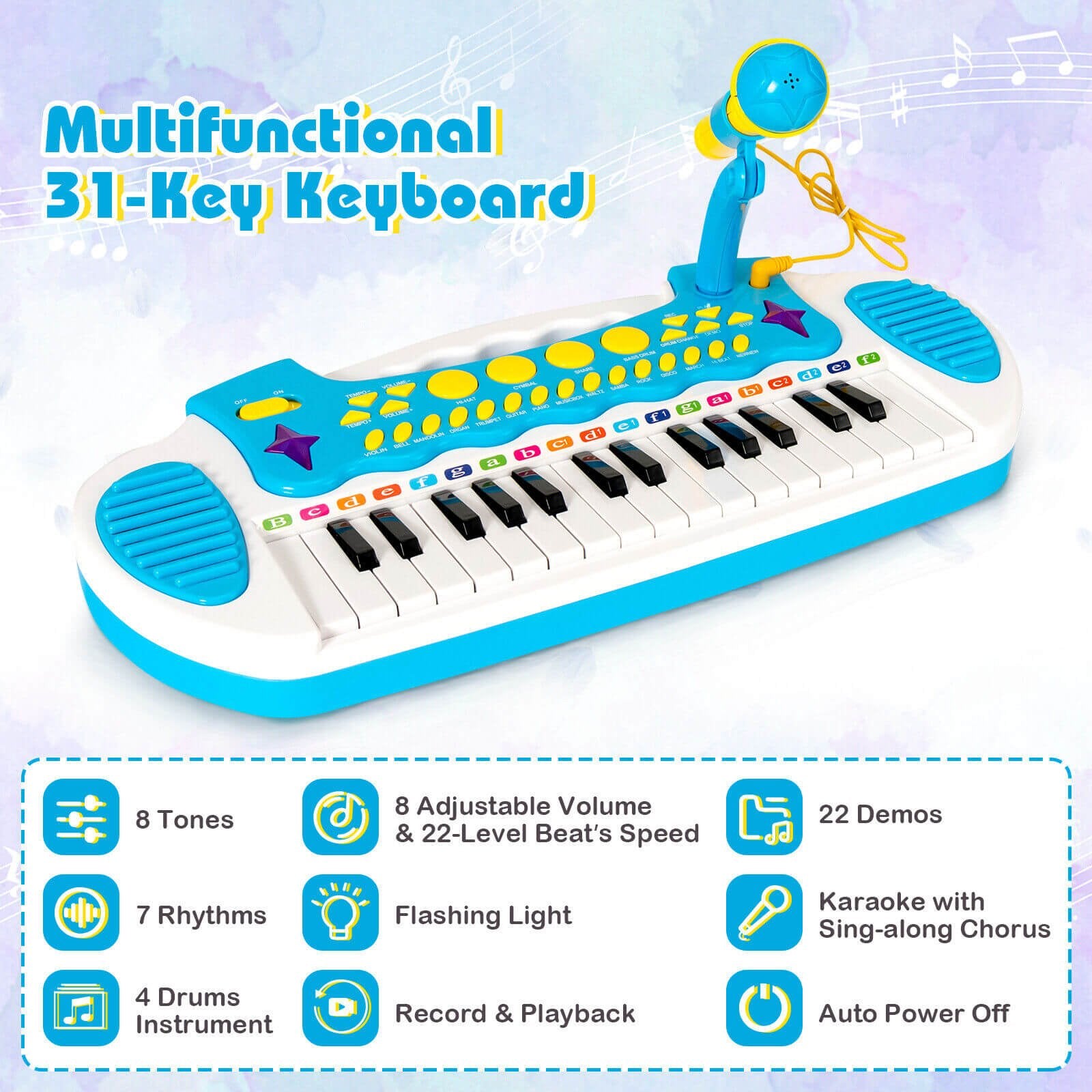 31-Key Kids Piano Keyboard Toy with Microphone and Multiple Sounds for Age 3+, Blue Musical Toys   at Gallery Canada