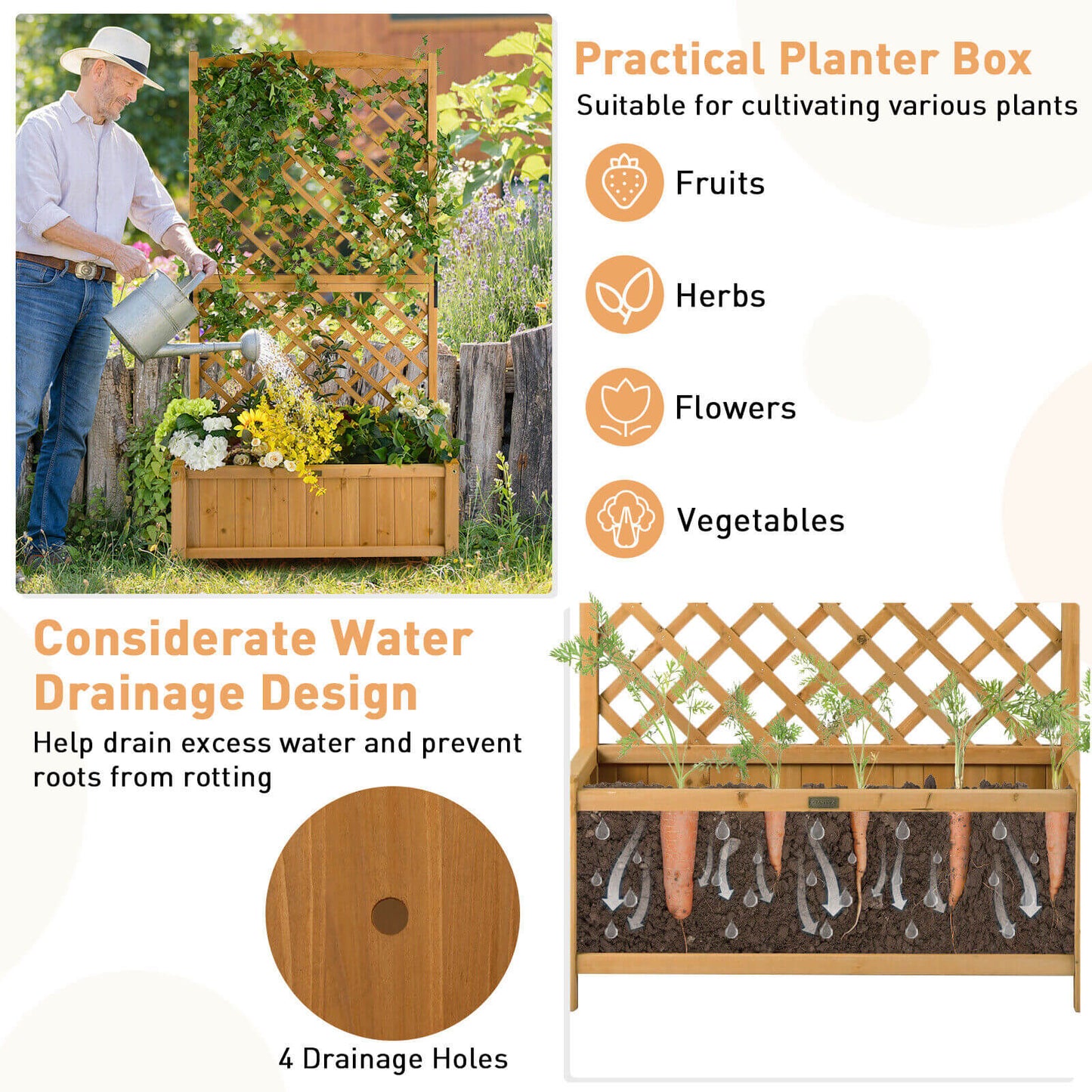 Planter Raised Bed with Trellis for Plant Flower Climbing, Natural - Gallery Canada