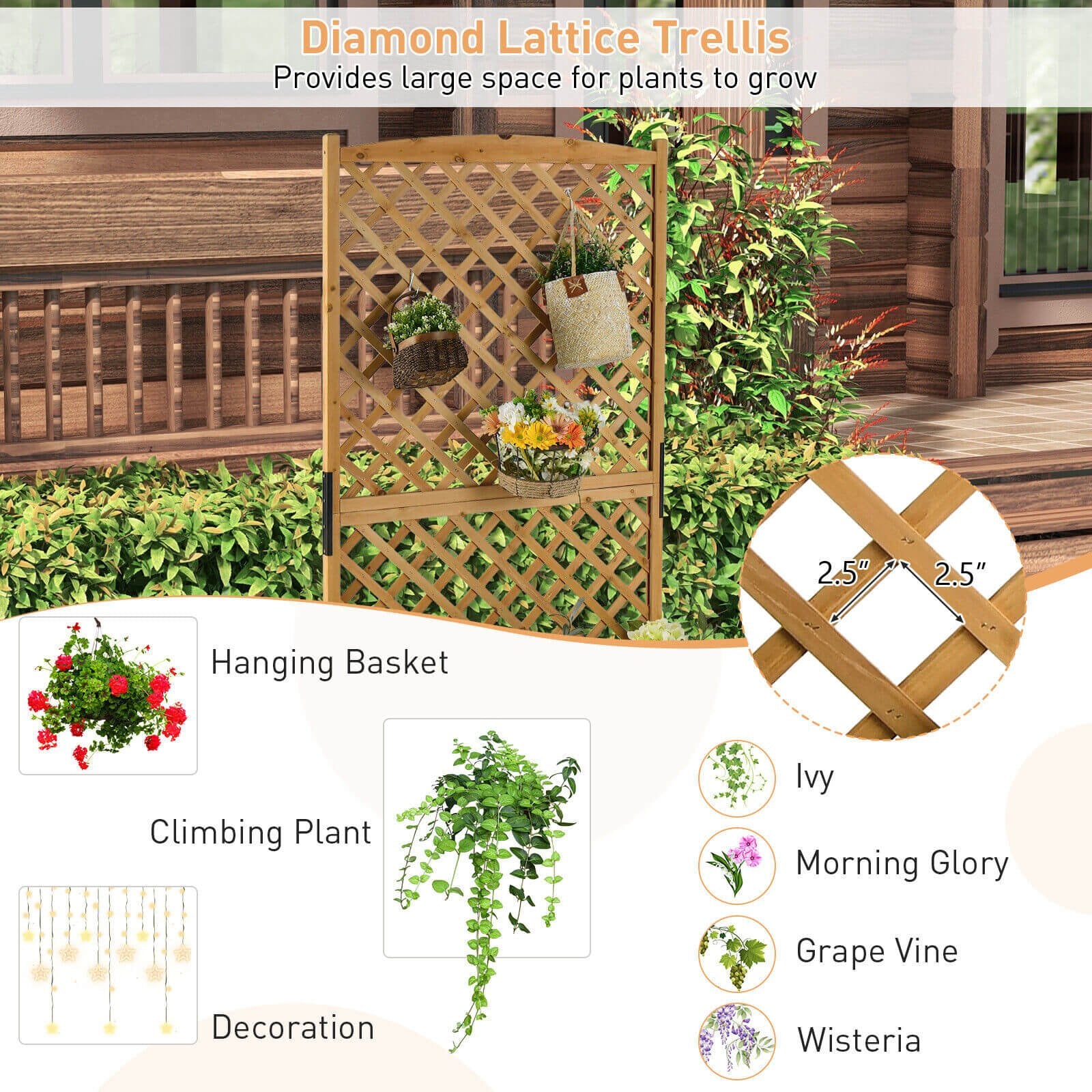 Planter Raised Bed with Trellis for Plant Flower Climbing, Natural - Gallery Canada
