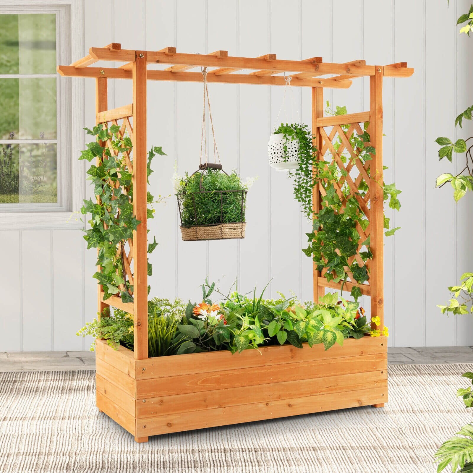 Raised Garden Bed with Trellis or Climbing Plant and Pot Hanging, Natural - Gallery Canada