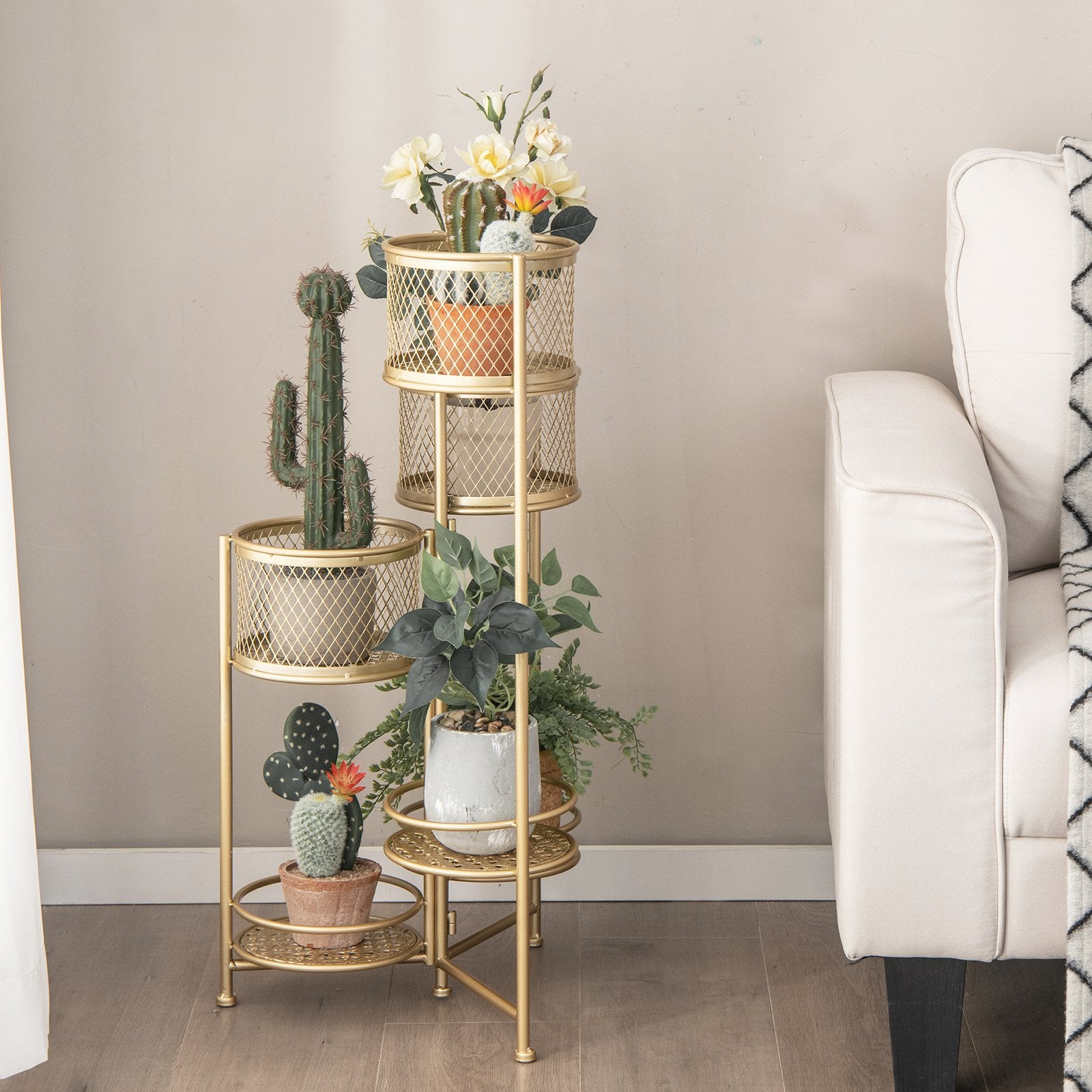 6-Tier Metal Plant Stand with Folding Rotatable Frame for Balcony Garden, Golden Plant Stands   at Gallery Canada