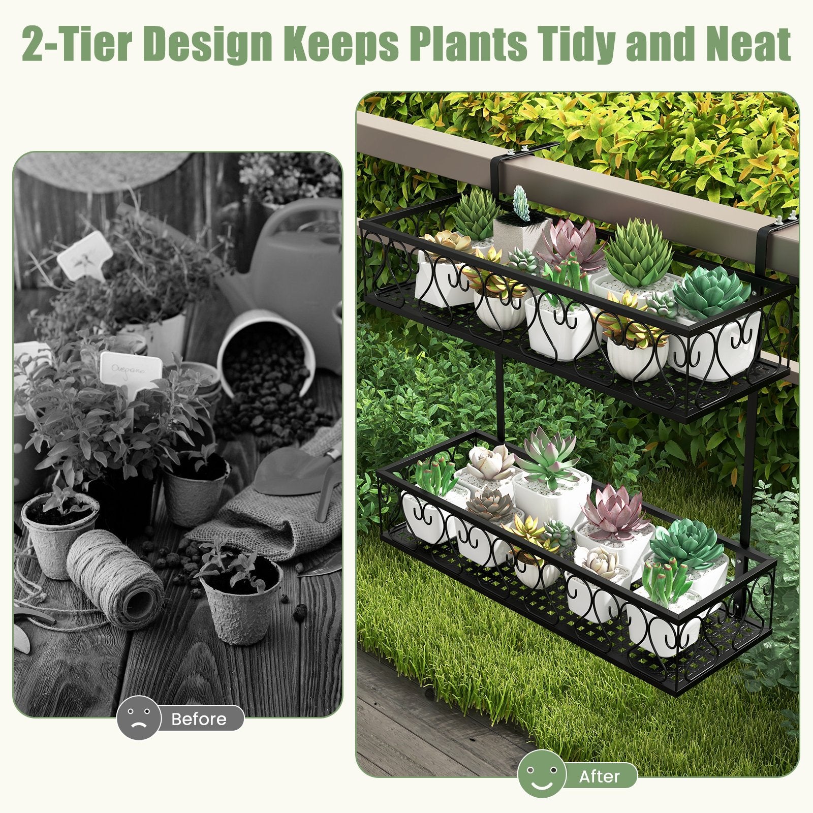 Flower Pot Holder with Adjustable Hooks and 2 Planter Baskets, Black Plant Stands   at Gallery Canada