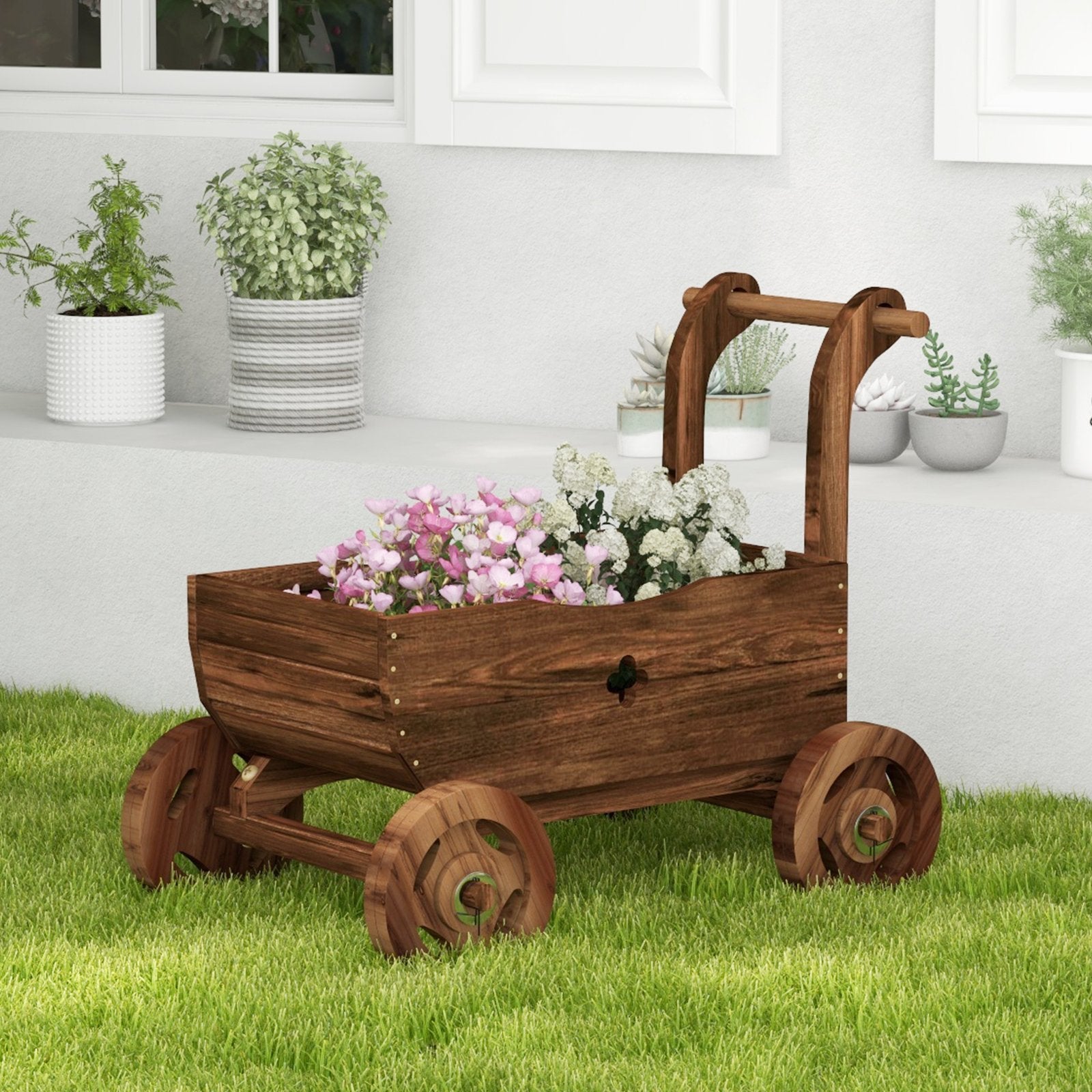 Decorative Wooden Wagon Cart with Handle Wheels and Drainage Hole, Rustic Brown Raised Garden Beds   at Gallery Canada