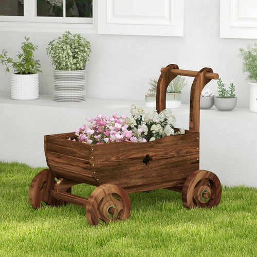 Decorative Wooden Wagon Cart with Handle Wheels and Drainage Hole, Rustic Brown