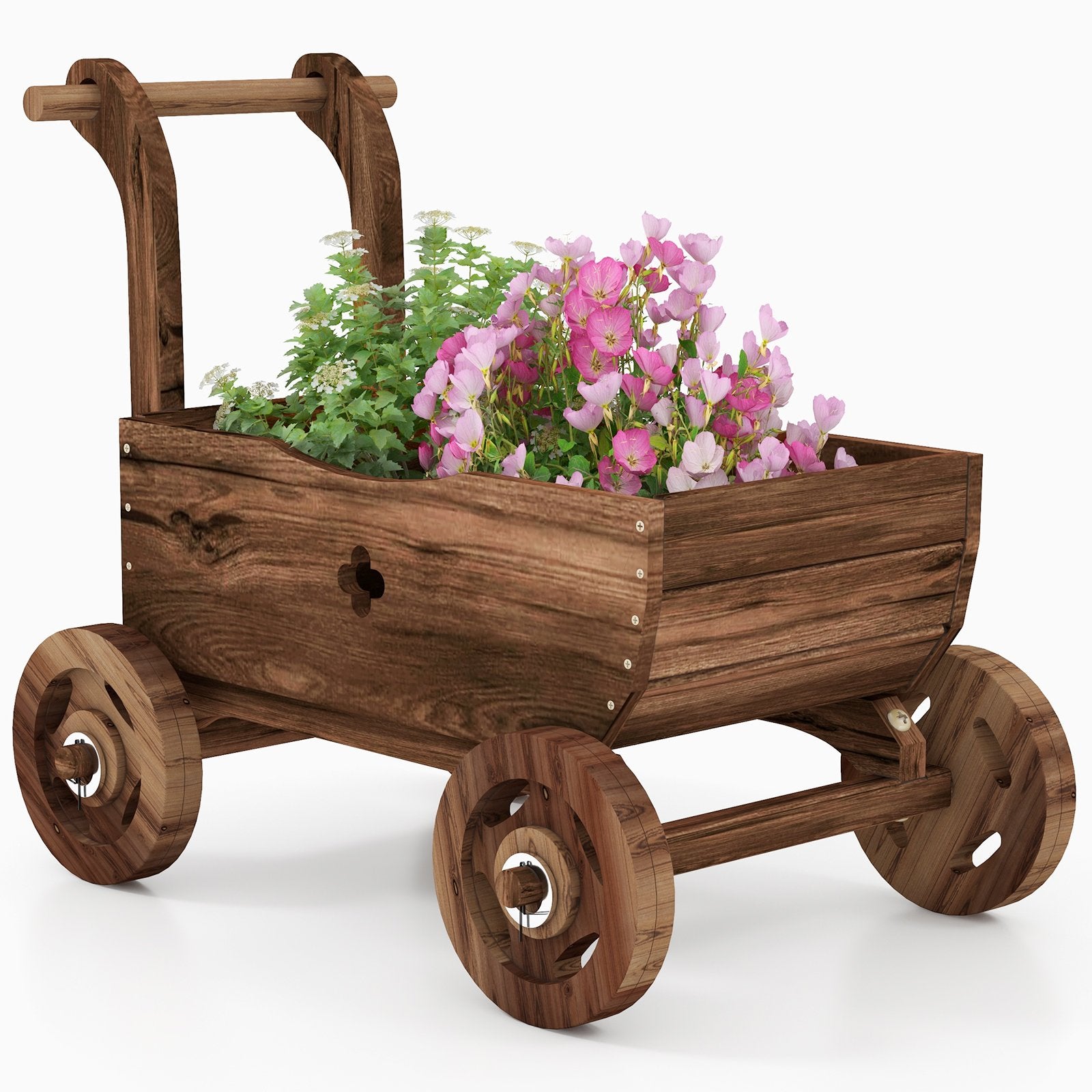 Decorative Wooden Wagon Cart with Handle Wheels and Drainage Hole, Rustic Brown Raised Garden Beds   at Gallery Canada