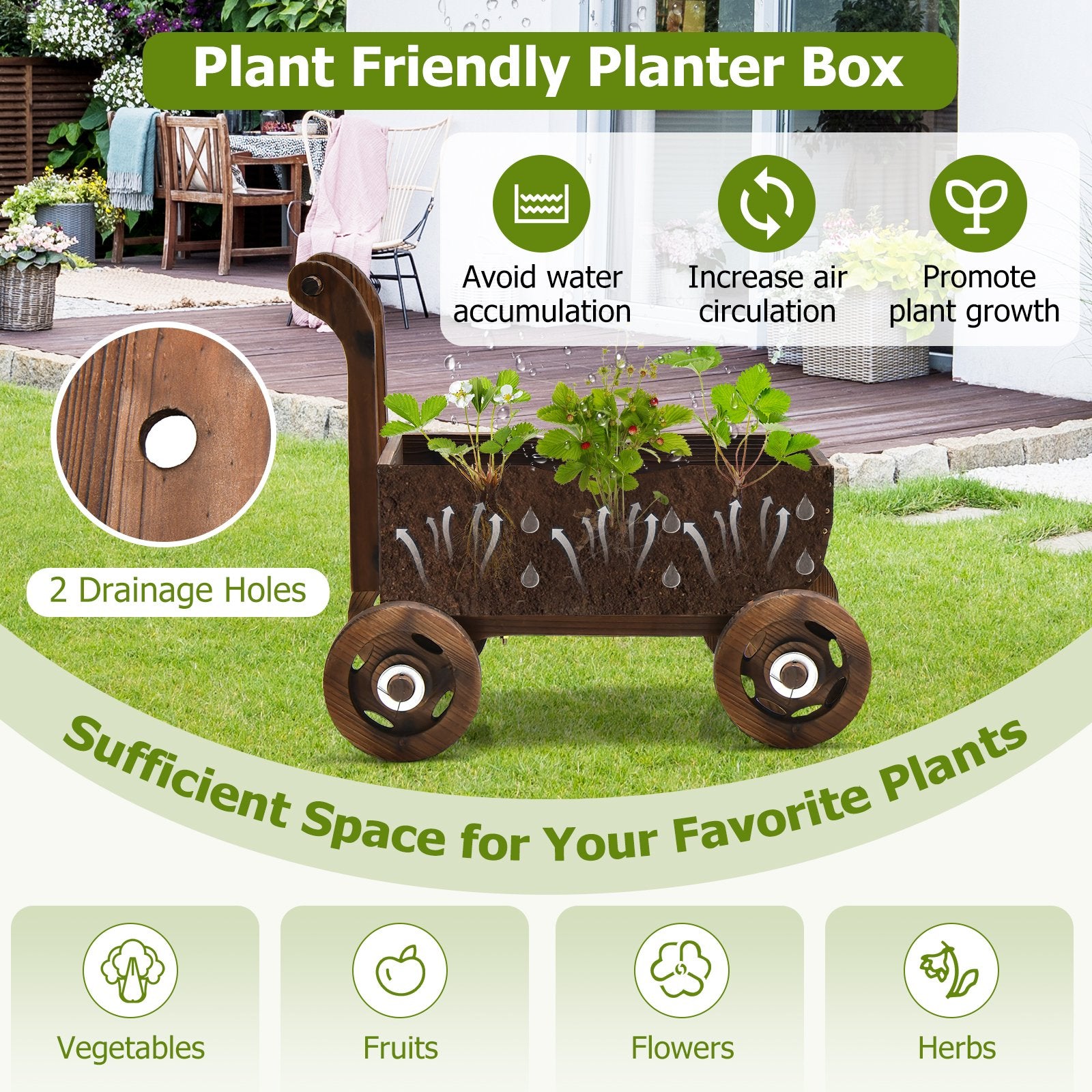 Decorative Wooden Wagon Cart with Handle Wheels and Drainage Hole, Rustic Brown Raised Garden Beds   at Gallery Canada