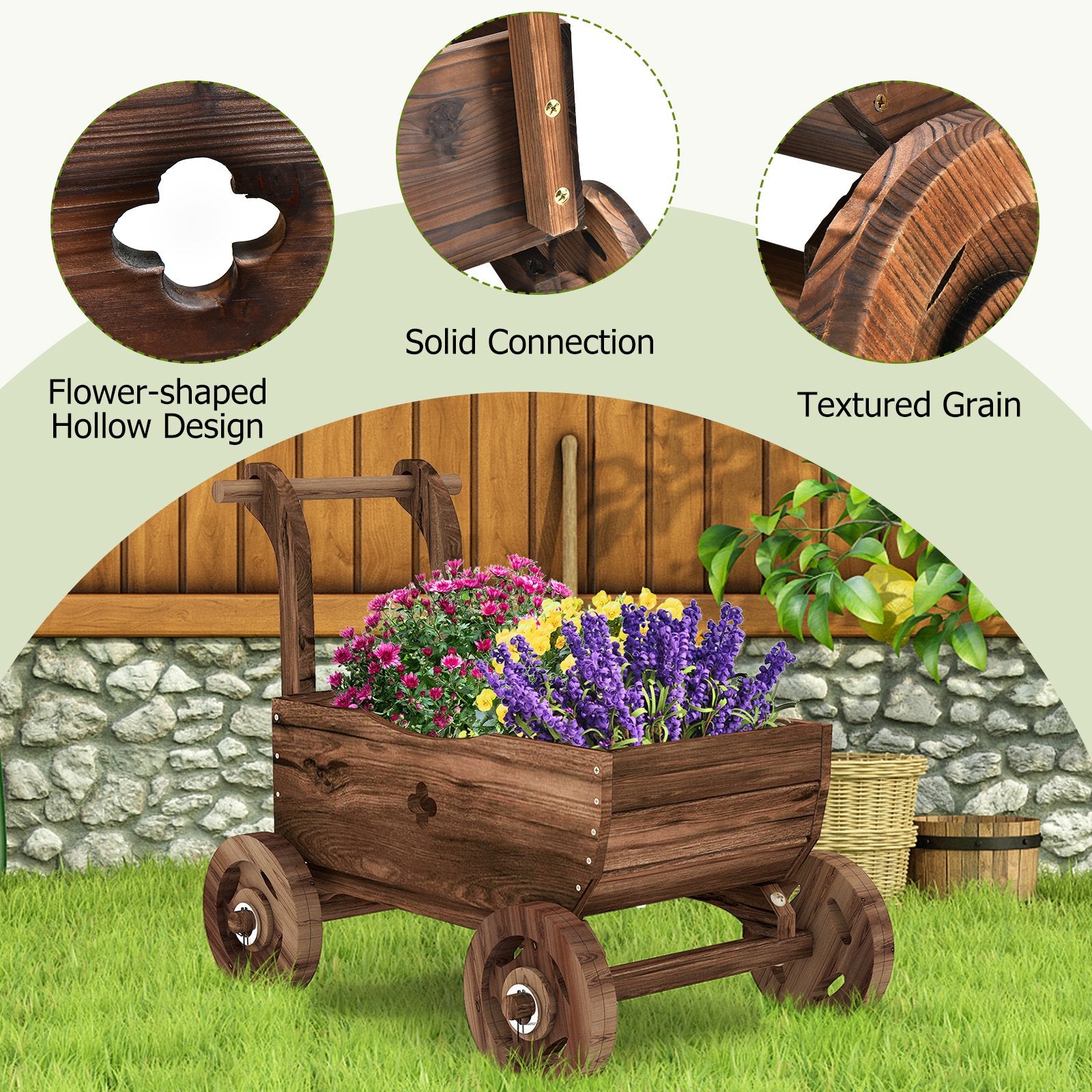 Decorative Wooden Wagon Cart with Handle Wheels and Drainage Hole, Rustic Brown Raised Garden Beds   at Gallery Canada