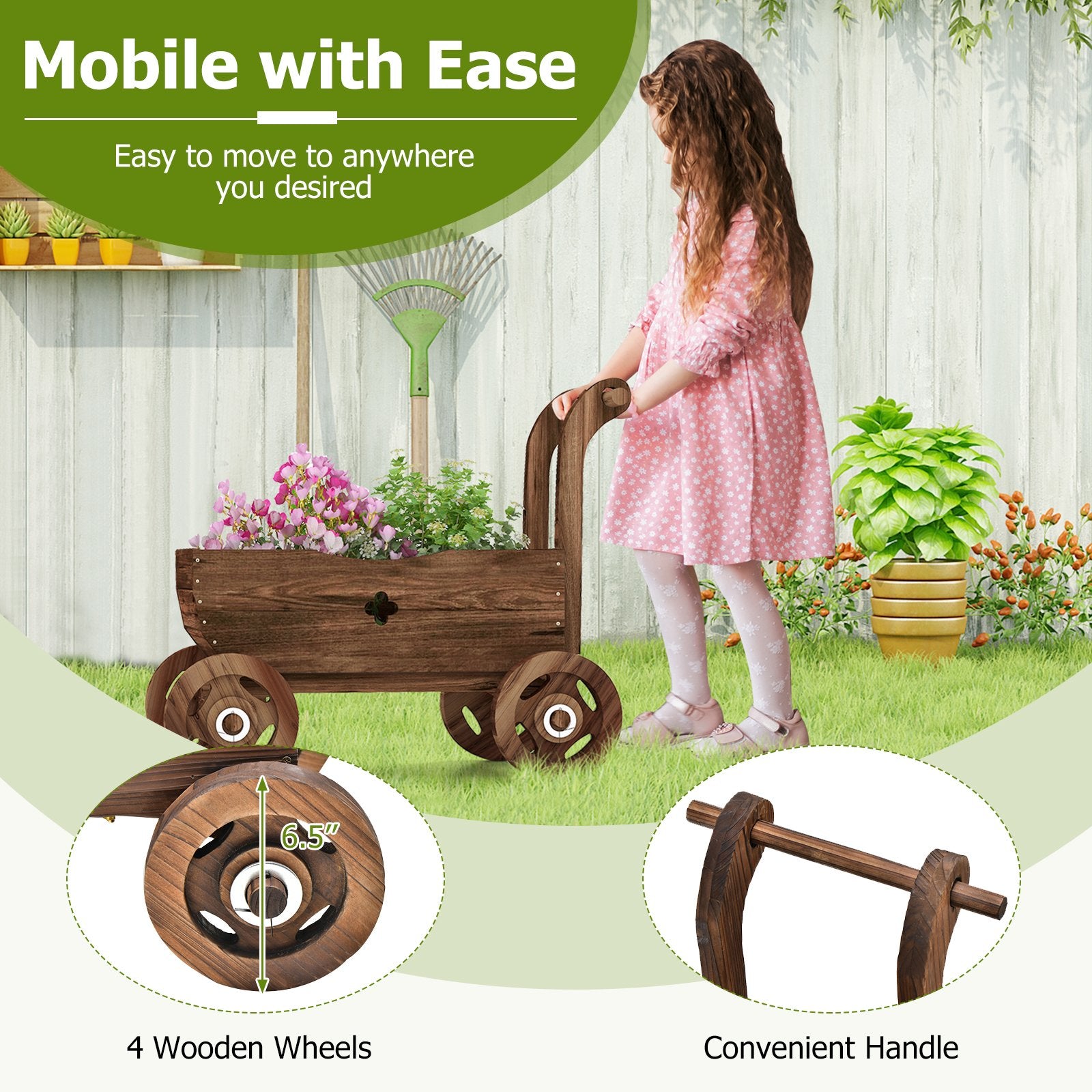 Decorative Wooden Wagon Cart with Handle Wheels and Drainage Hole, Rustic Brown Raised Garden Beds   at Gallery Canada