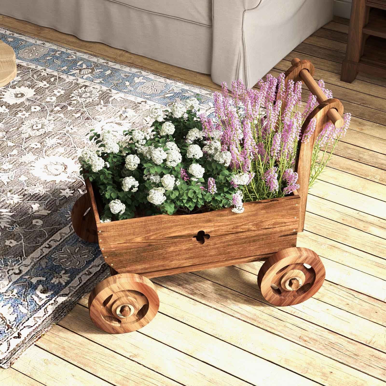 Decorative Wooden Wagon Cart with Handle Wheels and Drainage Hole, Rustic Brown - Gallery Canada