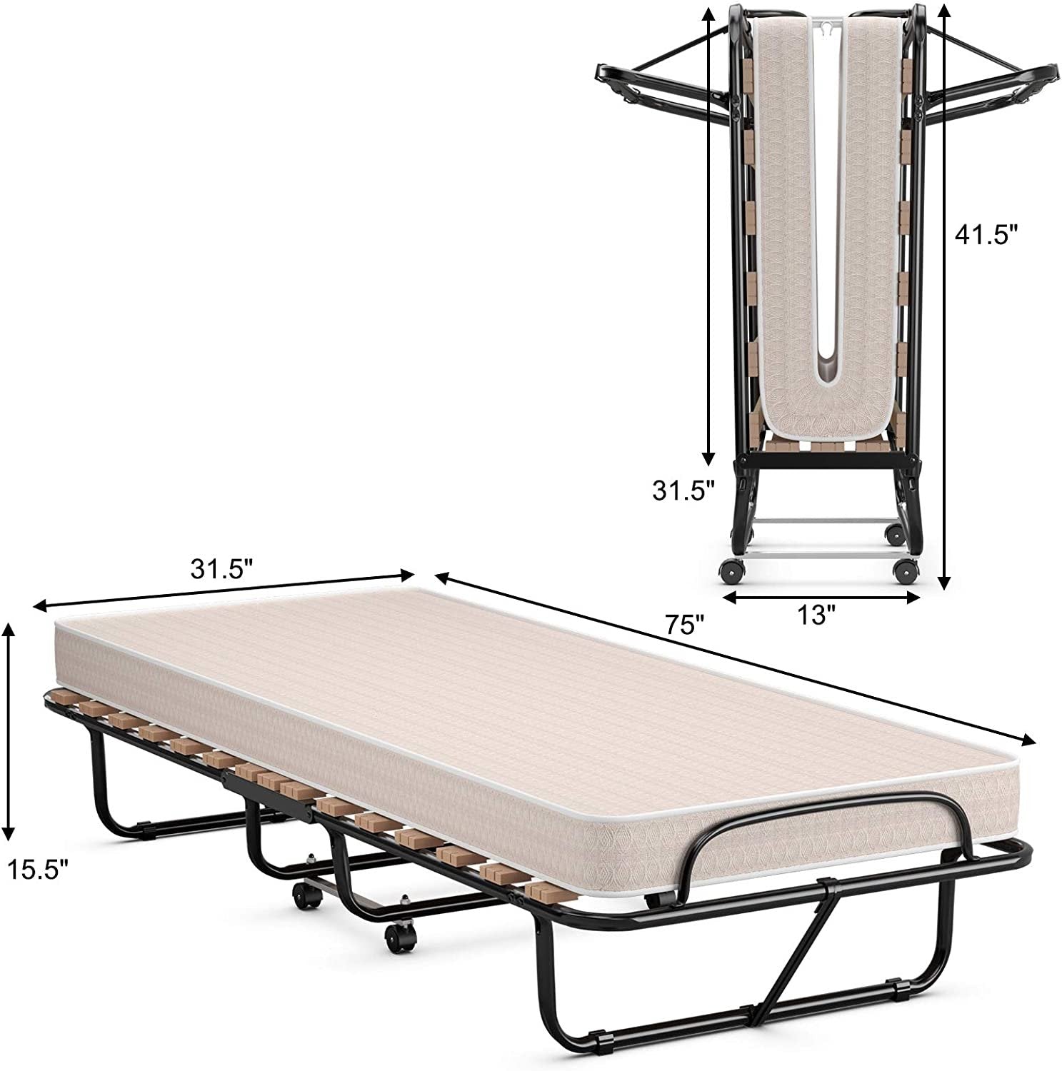 75 x 31.5 Inch Folding Guest Bed with Memory Foam Mattress for Adult, Black & White Folding Beds   at Gallery Canada