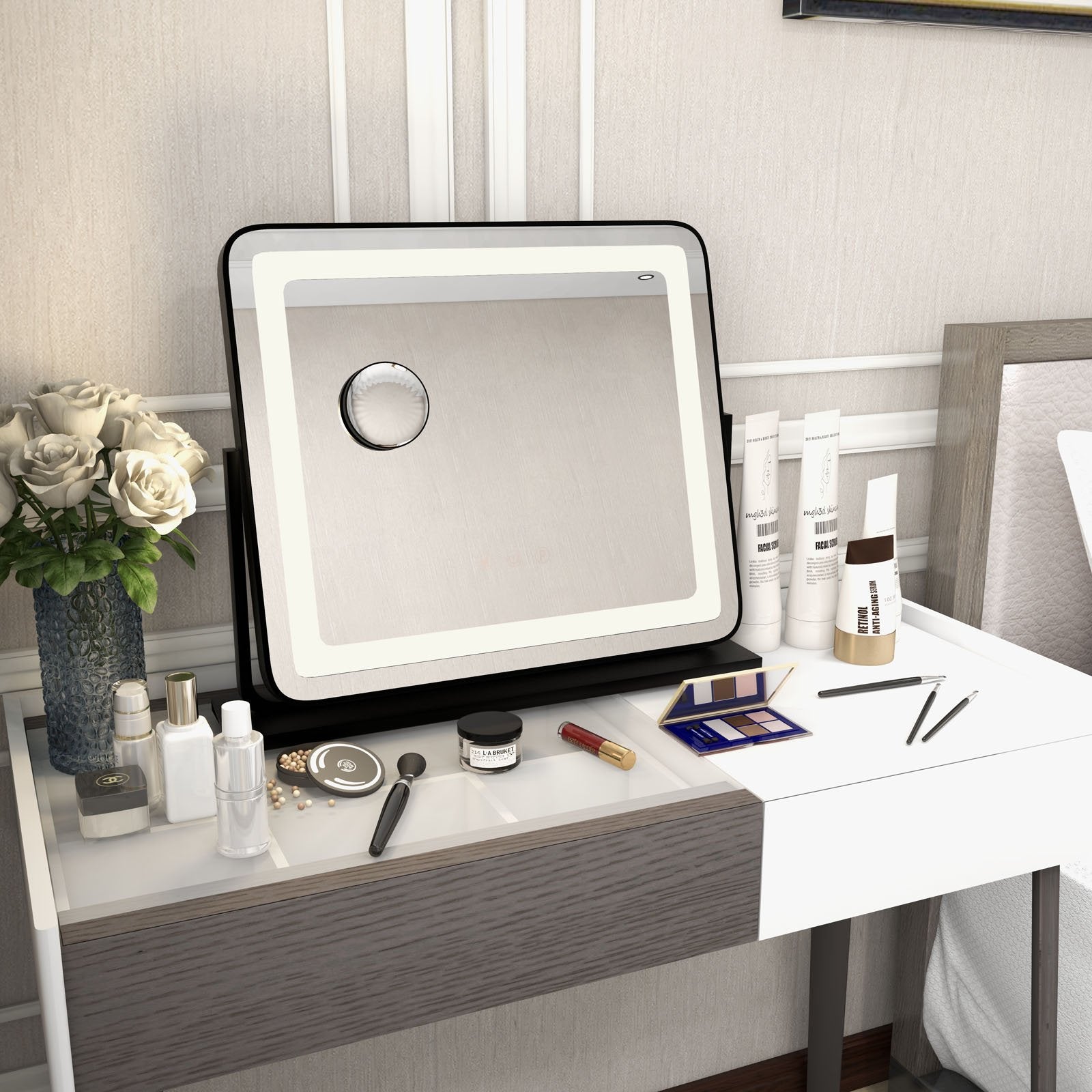 360° Rotatable Vanity Makeup Mirror with 3 Color Lighting Modes and Touch Control, Black Mirrors   at Gallery Canada