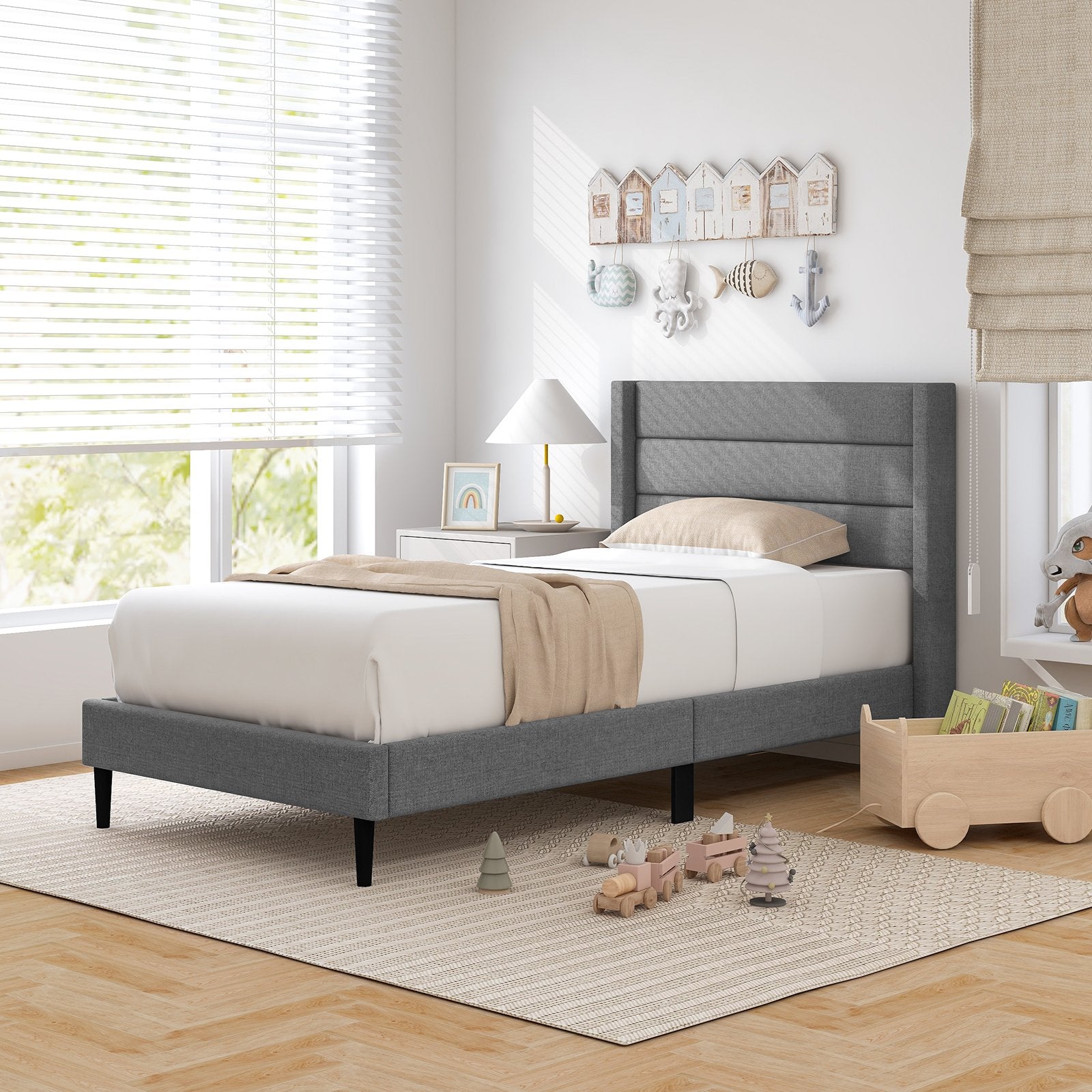 Linen Upholstered Platform Twin/Queen Bed Frame with Wingback Headboard-Twin Size, Gray - Gallery Canada