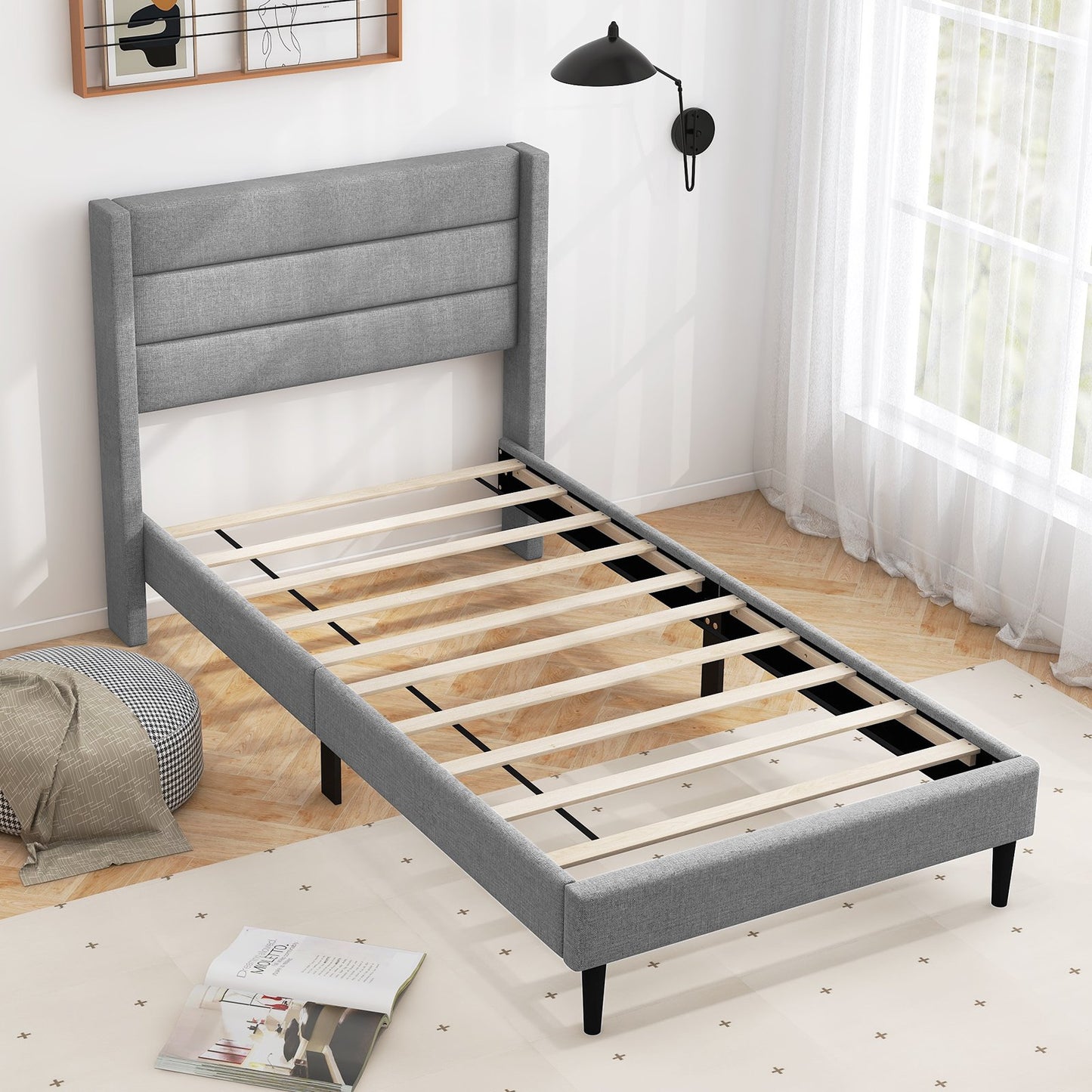 Linen Upholstered Platform Twin/Queen Bed Frame with Wingback Headboard-Twin Size, Gray - Gallery Canada