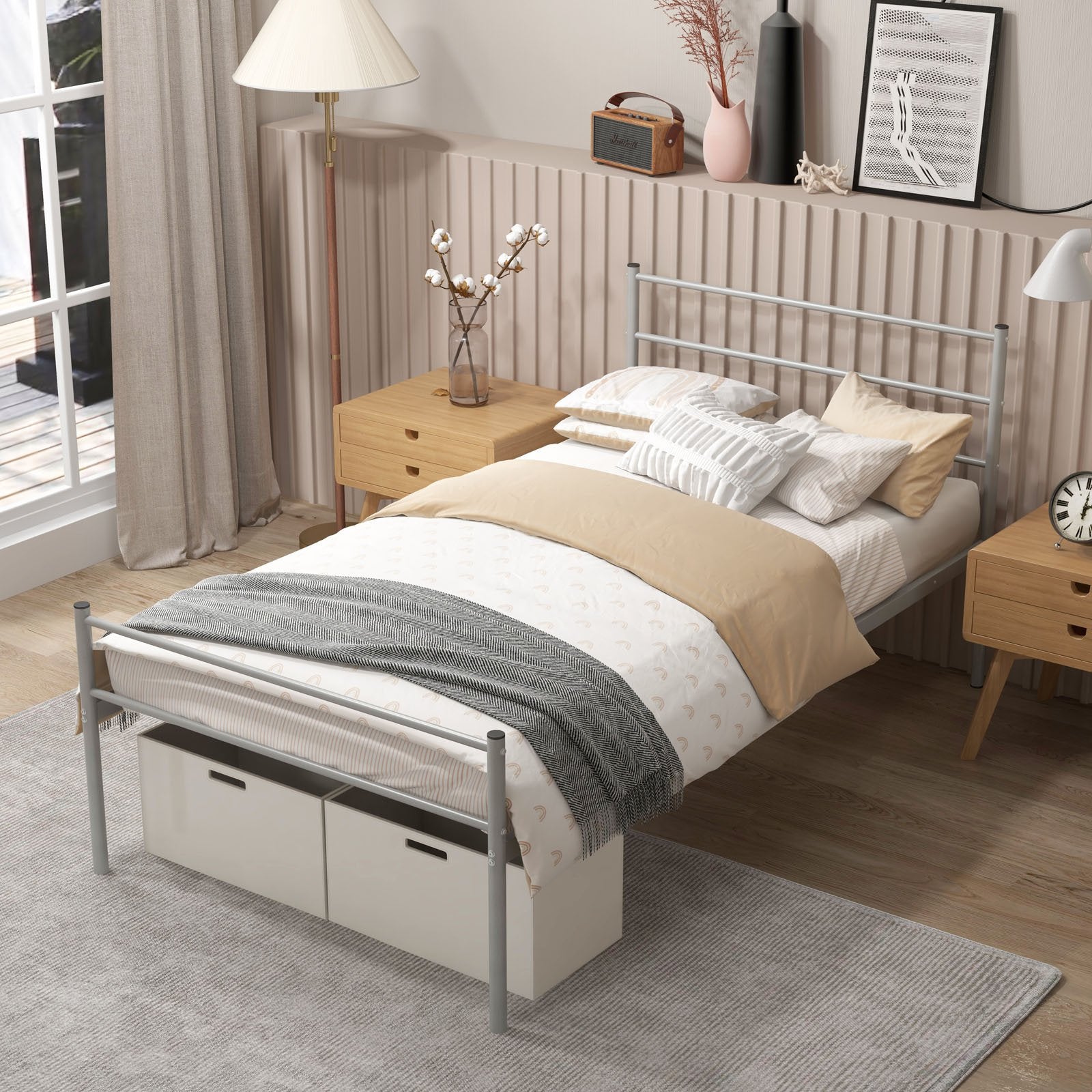 Twin Size Metal Bed Frame Platform with Headboard, Silver Simple Bed Frame   at Gallery Canada