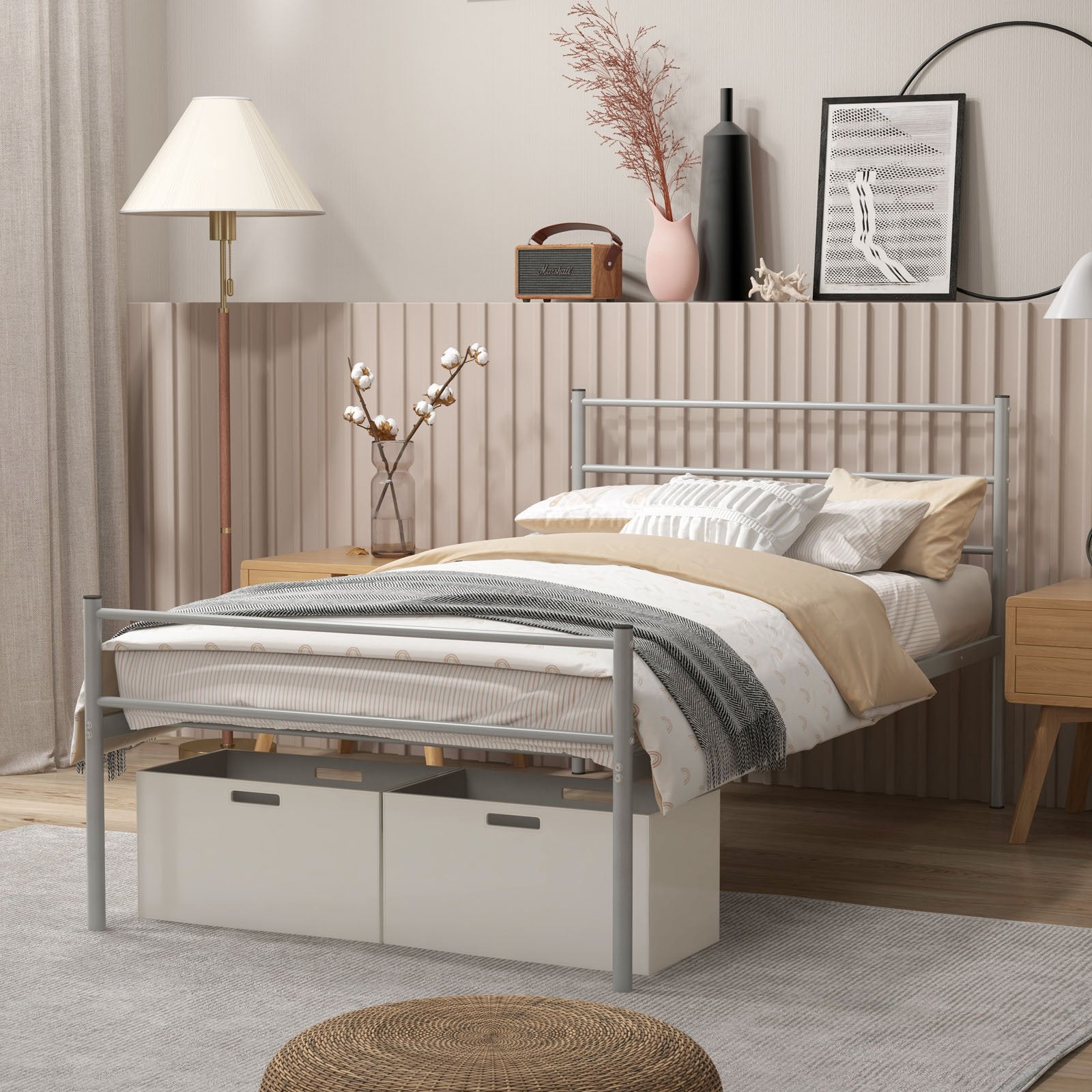 Twin Size Metal Bed Frame Platform with Headboard, Silver Simple Bed Frame   at Gallery Canada