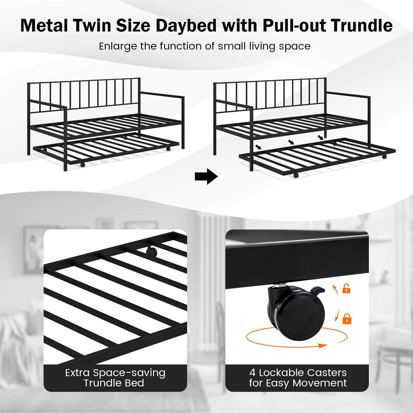 Twin Metal Daybed Sofa Bed Set with Roll Out Trundle, Black - Gallery Canada