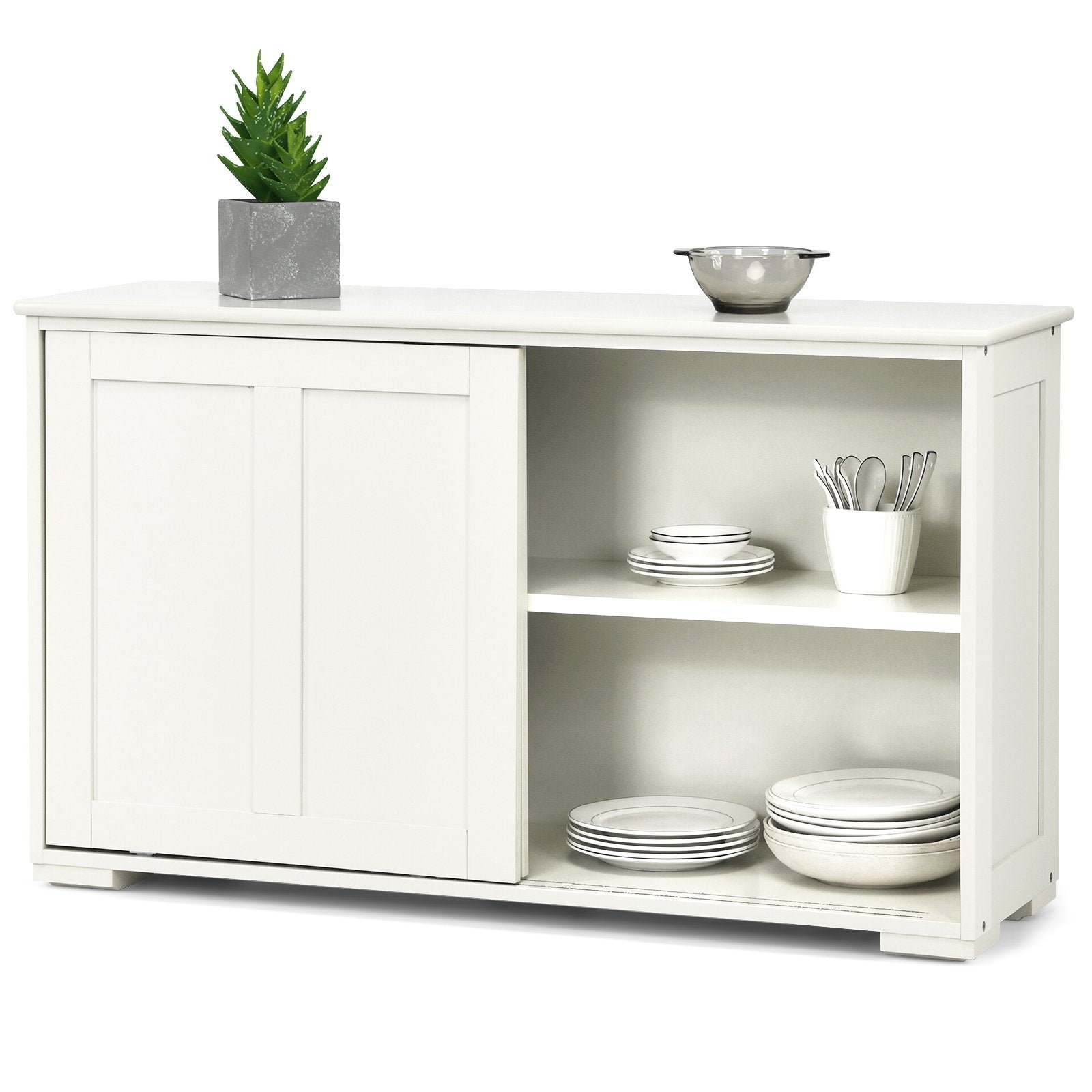 Kitchen Storage Cupboard Cabinet with Sliding Door-Antique White, White Sideboards Cabinets & Buffets   at Gallery Canada