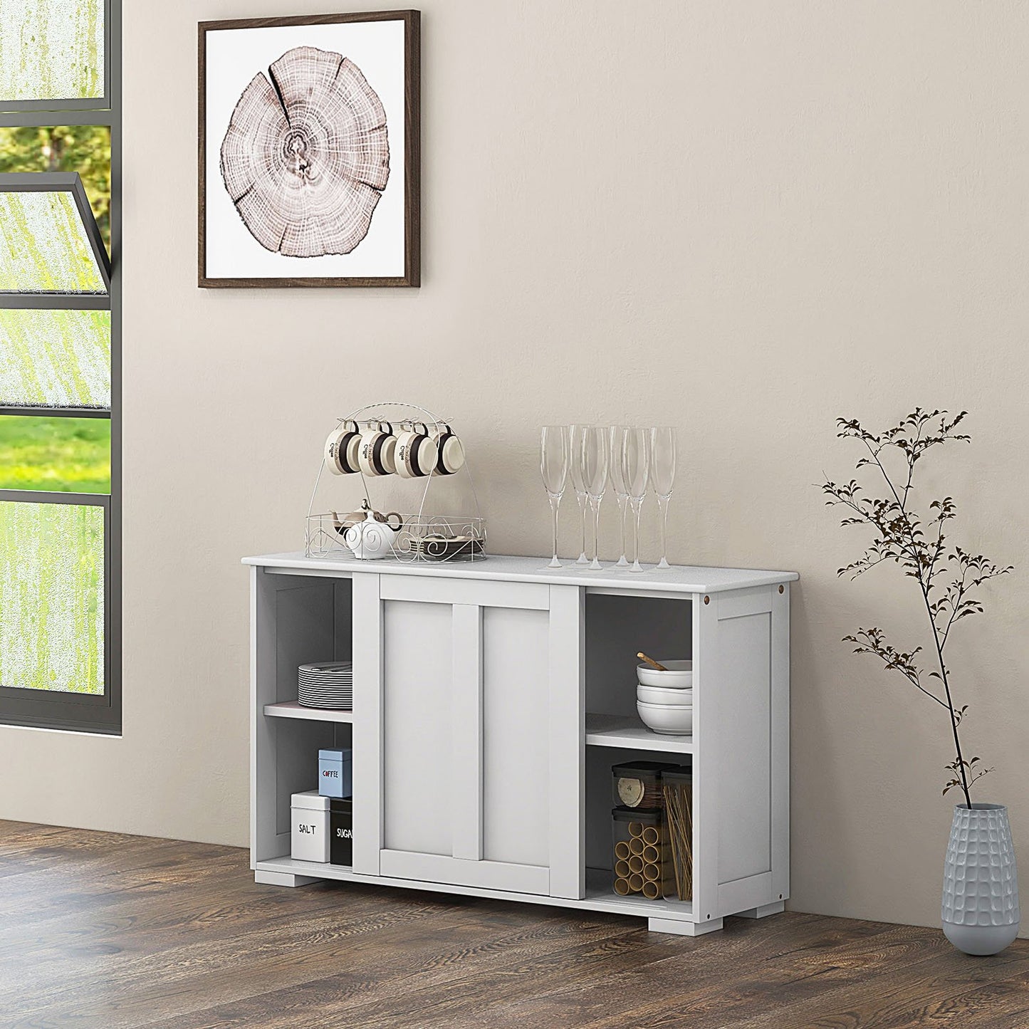 Kitchen Storage Cupboard Cabinet with Sliding Door-Antique White, White Sideboards Cabinets & Buffets   at Gallery Canada