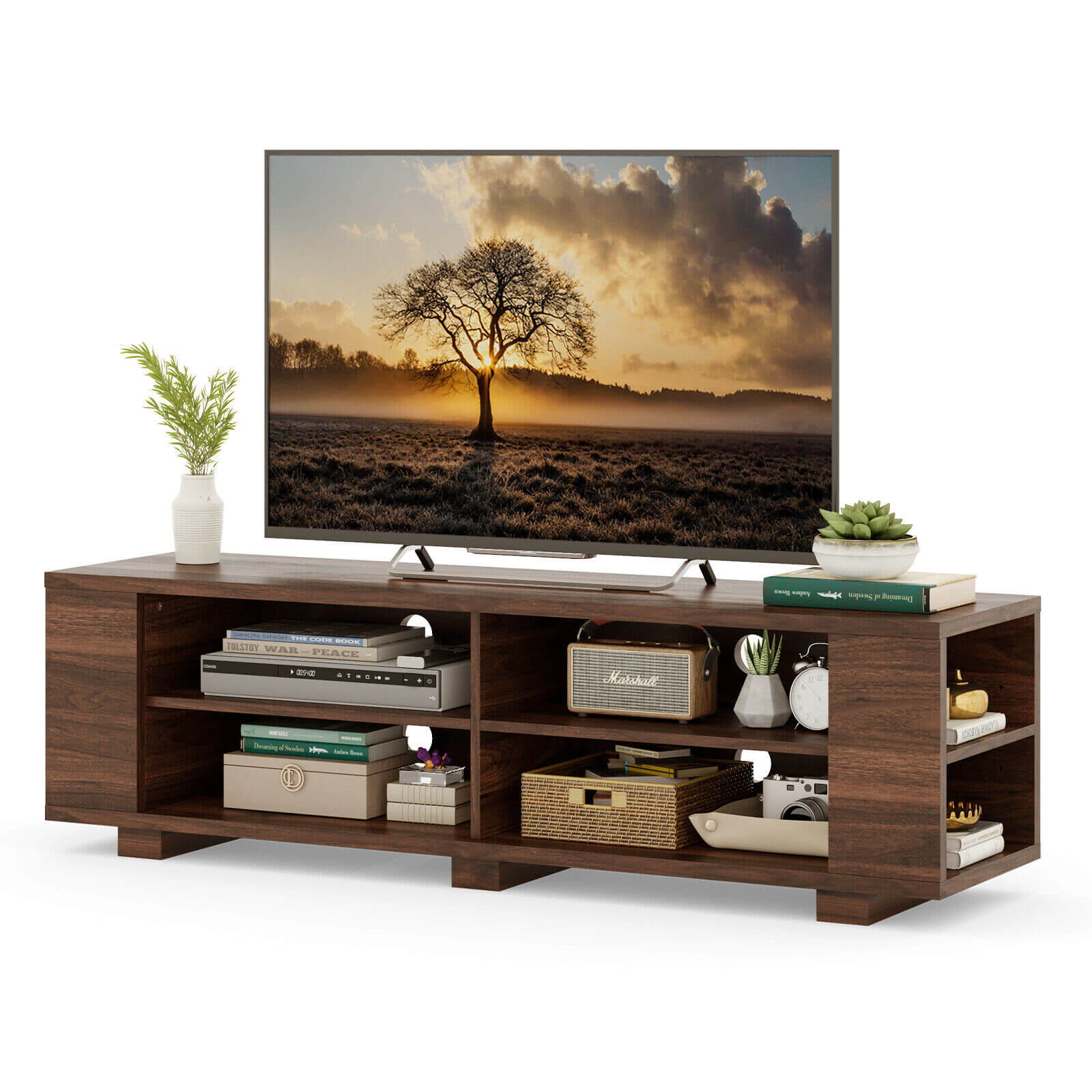 59 Inch Console Storage Entertainment Media Wood TV Stand, Walnut Entertainment Centers & TV Stands   at Gallery Canada