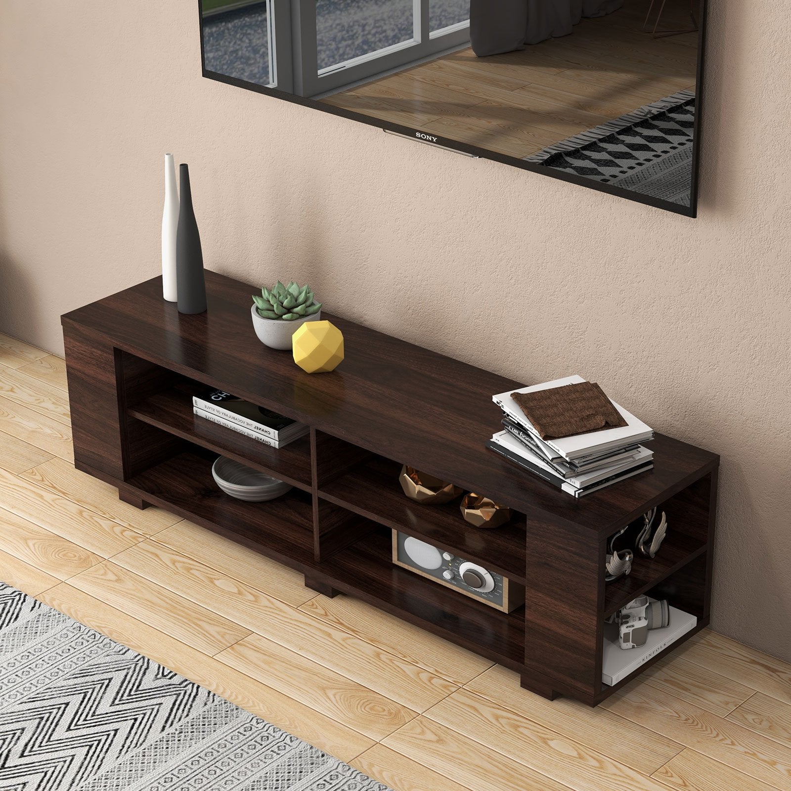 59 Inch Console Storage Entertainment Media Wood TV Stand, Walnut Entertainment Centers & TV Stands   at Gallery Canada