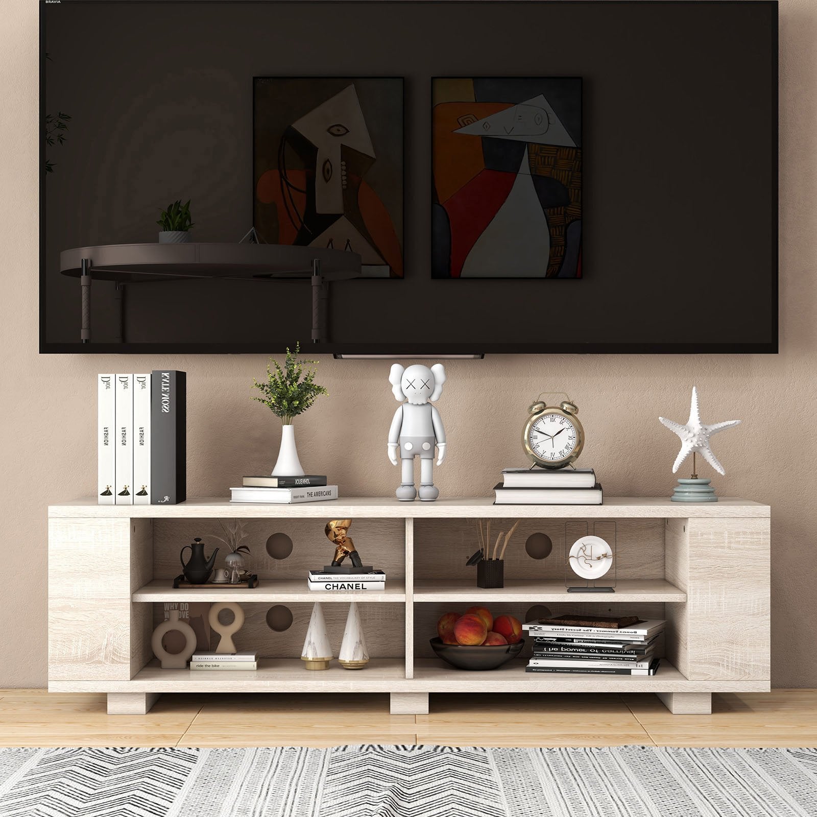 59 Inch Console Storage Entertainment Media Wood TV Stand, Light Brown Entertainment Centers & TV Stands   at Gallery Canada