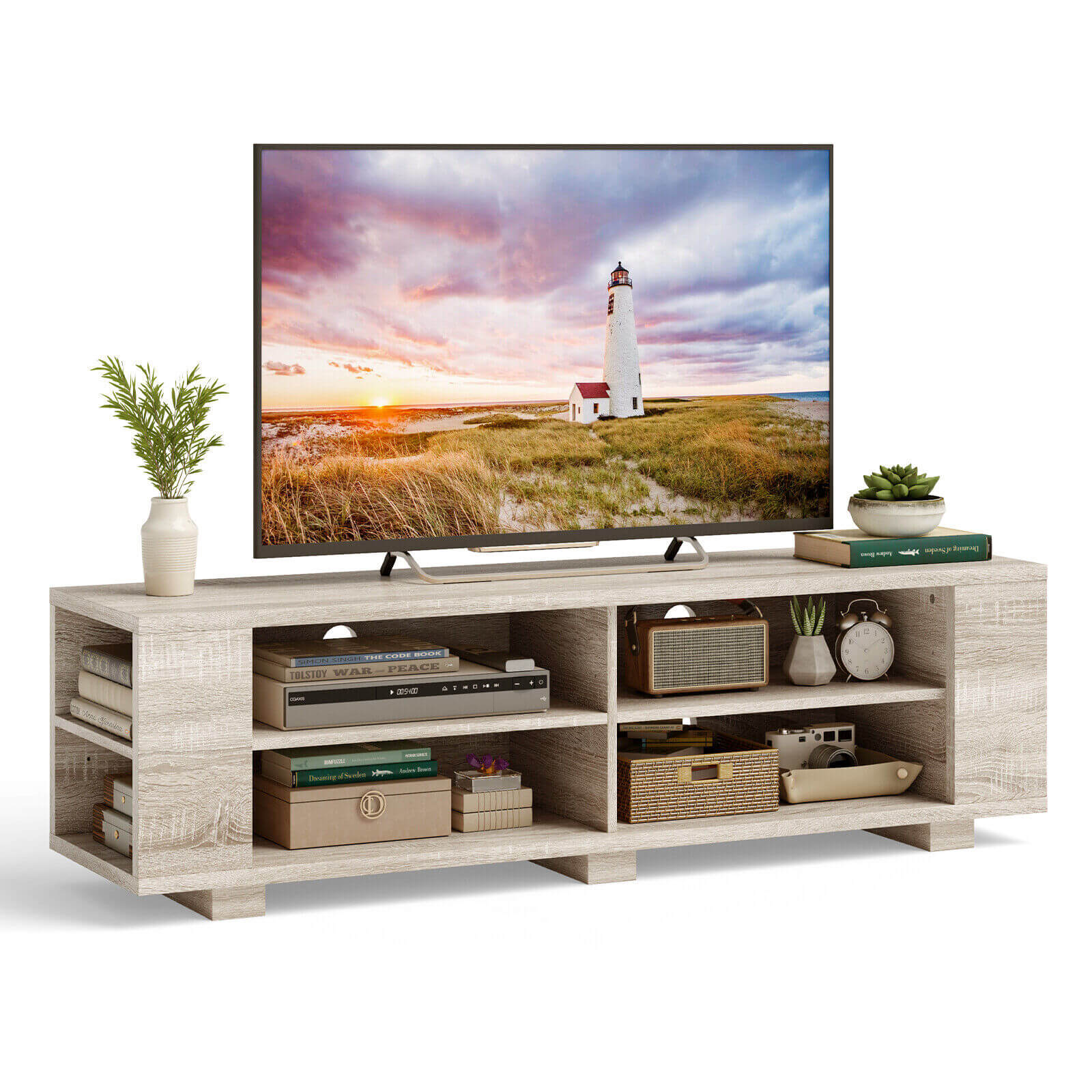 59 Inch Console Storage Entertainment Media Wood TV Stand, Light Brown Entertainment Centers & TV Stands   at Gallery Canada