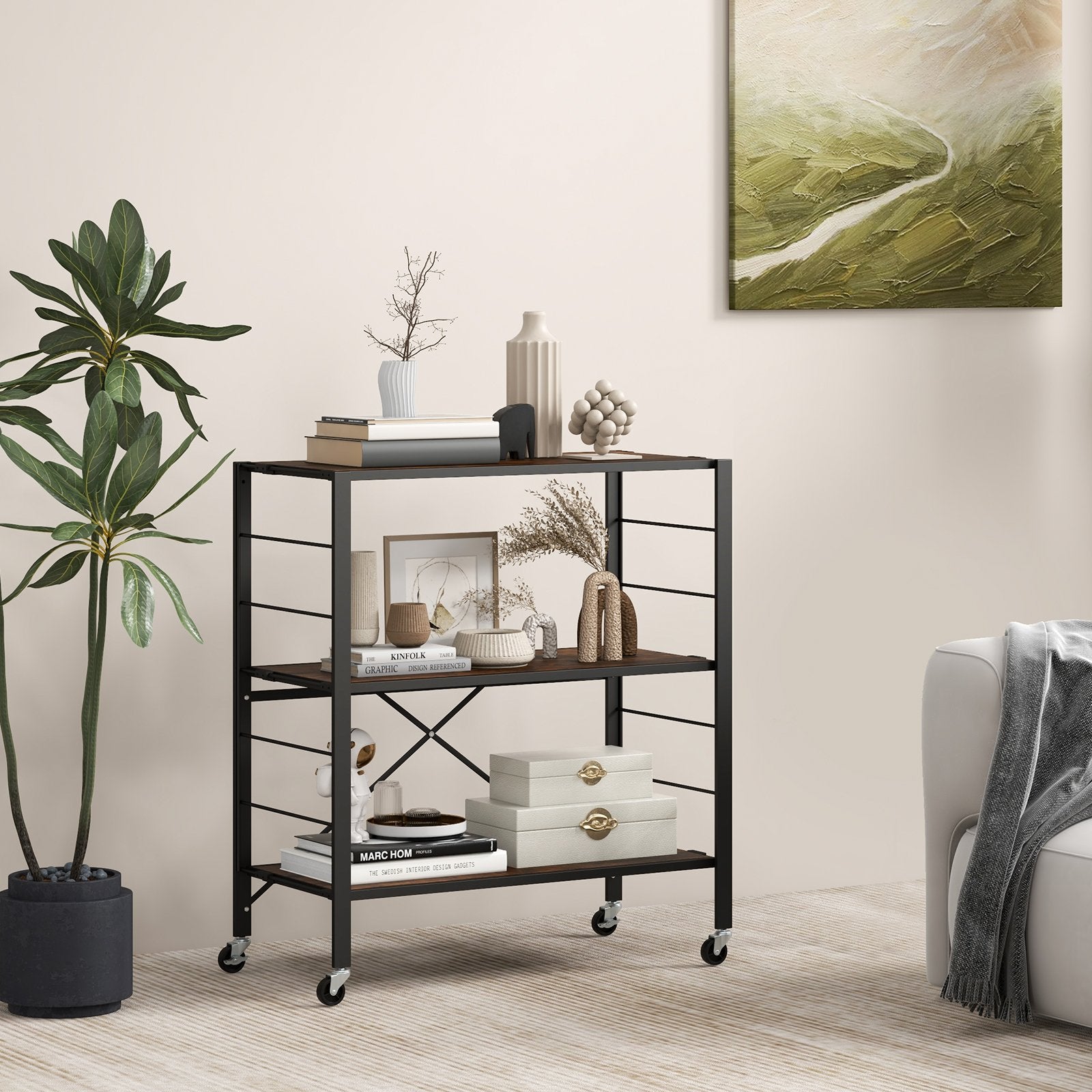 3-Tier Foldable Shelving Unit with Detachable Wheels and Adjustable Shelves, Black Kitchen Organization   at Gallery Canada