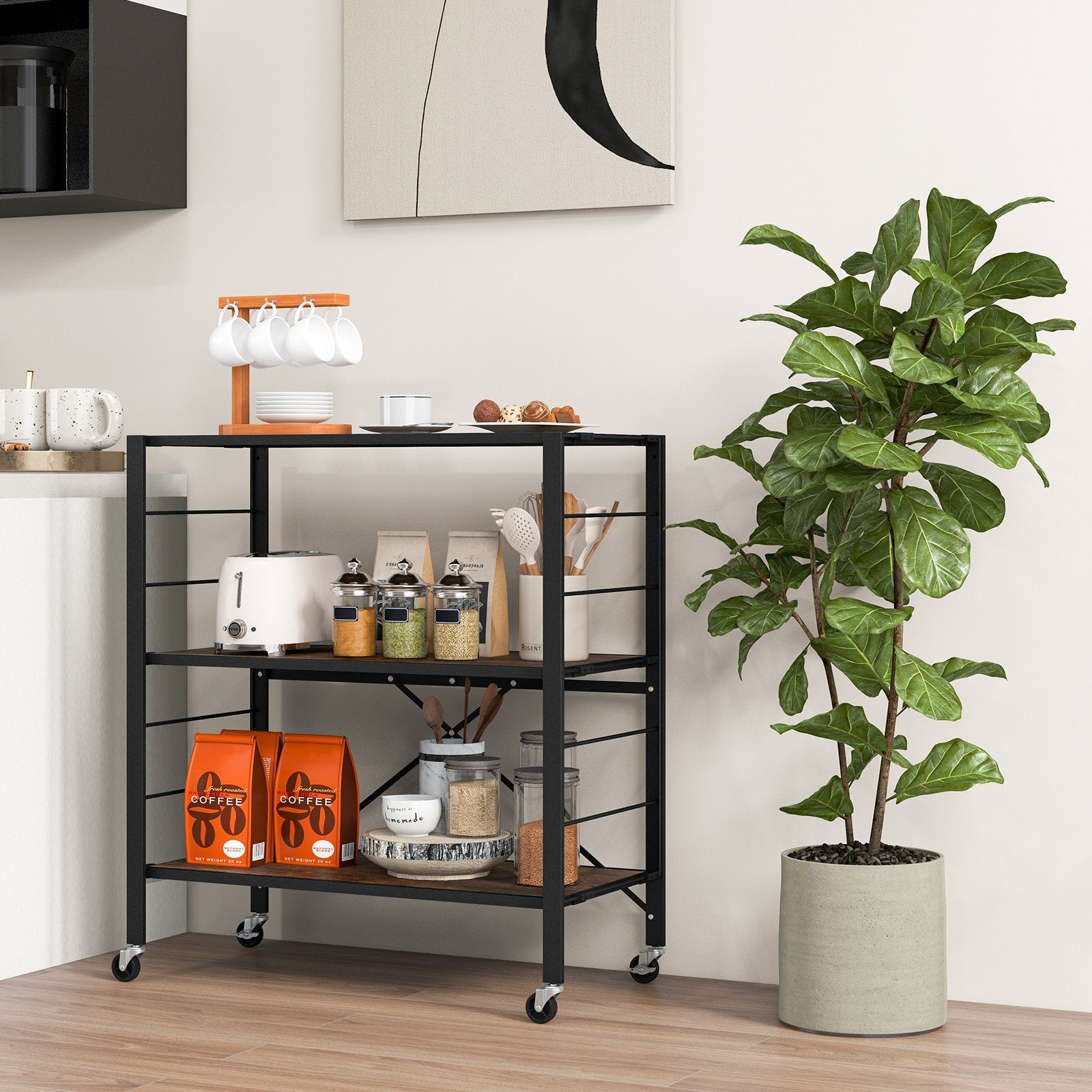 3-Tier Foldable Shelving Unit with Detachable Wheels and Adjustable Shelves, Black Kitchen Organization   at Gallery Canada