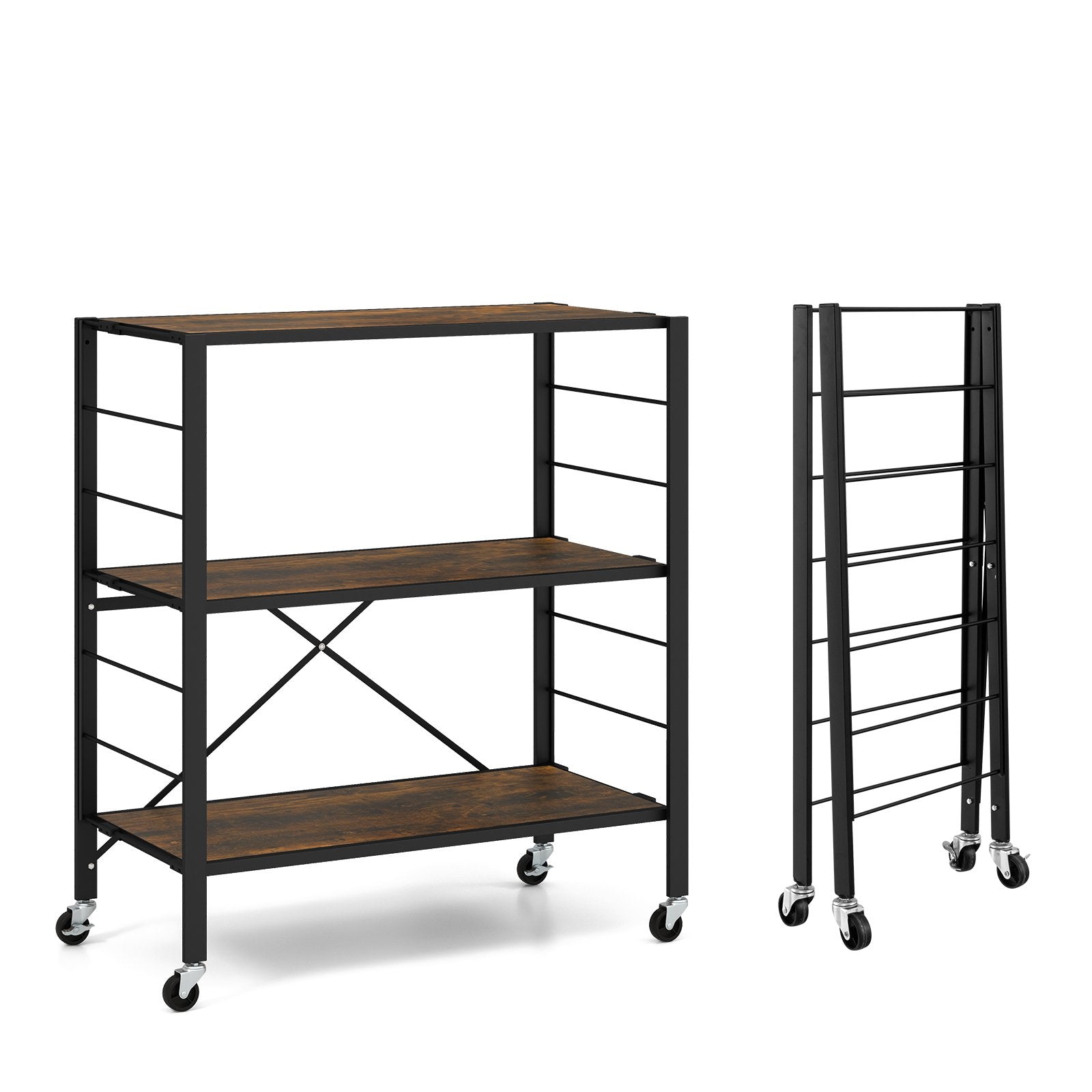 3-Tier Foldable Shelving Unit with Detachable Wheels and Adjustable Shelves, Black Kitchen Organization   at Gallery Canada