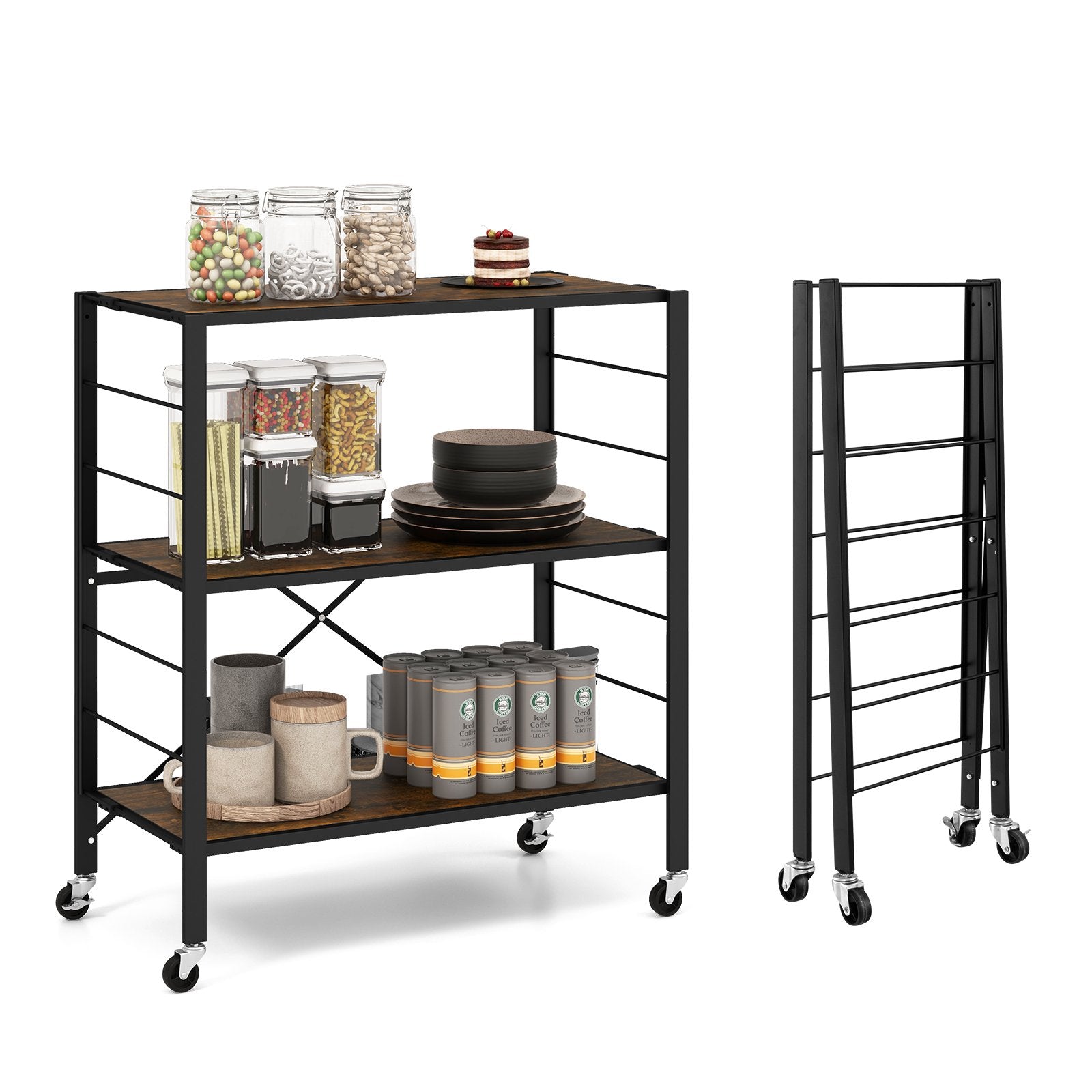 3-Tier Foldable Shelving Unit with Detachable Wheels and Adjustable Shelves, Black Kitchen Organization   at Gallery Canada