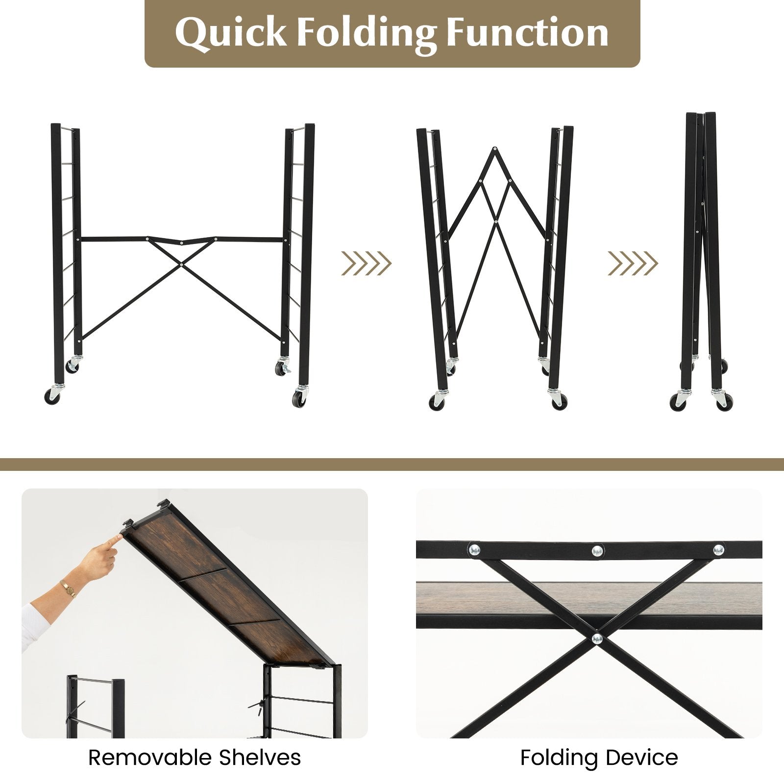 3-Tier Foldable Shelving Unit with Detachable Wheels and Adjustable Shelves, Black Kitchen Organization   at Gallery Canada