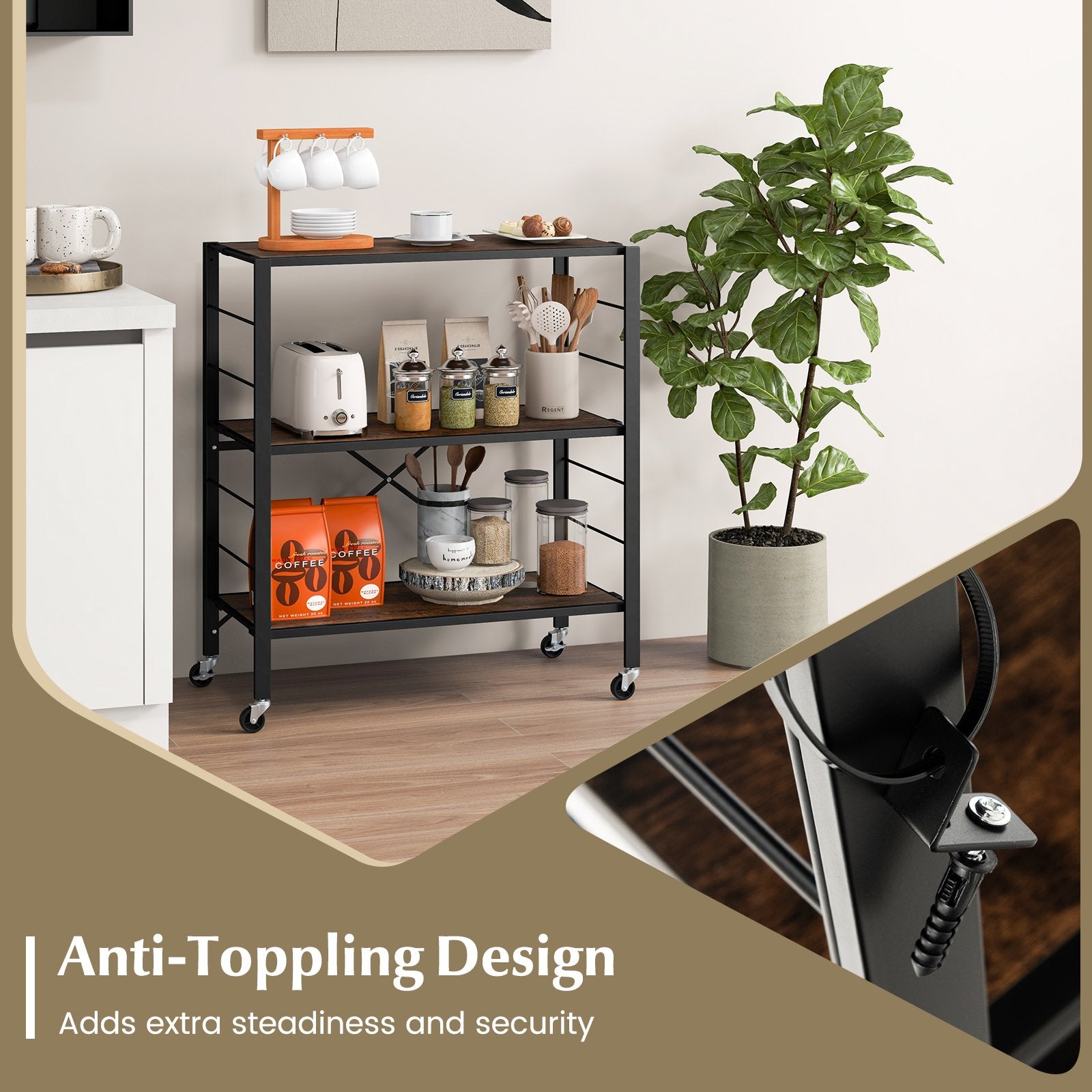 3-Tier Foldable Shelving Unit with Detachable Wheels and Adjustable Shelves, Black Kitchen Organization   at Gallery Canada