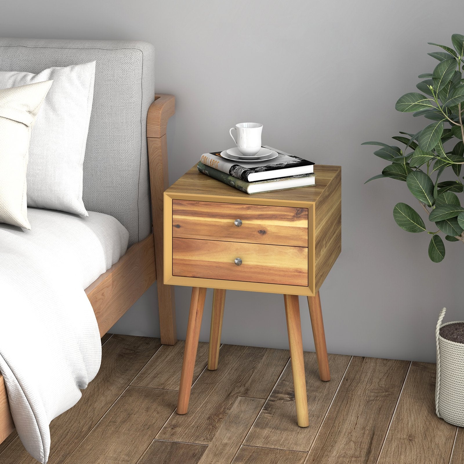 Wooden Nightstand Mid-Century End Side Table with 2 Storage Drawers, Natural Nightstands   at Gallery Canada