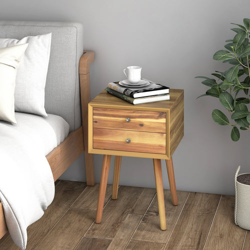 Wooden Nightstand Mid-Century End Side Table with 2 Storage Drawers, Natural