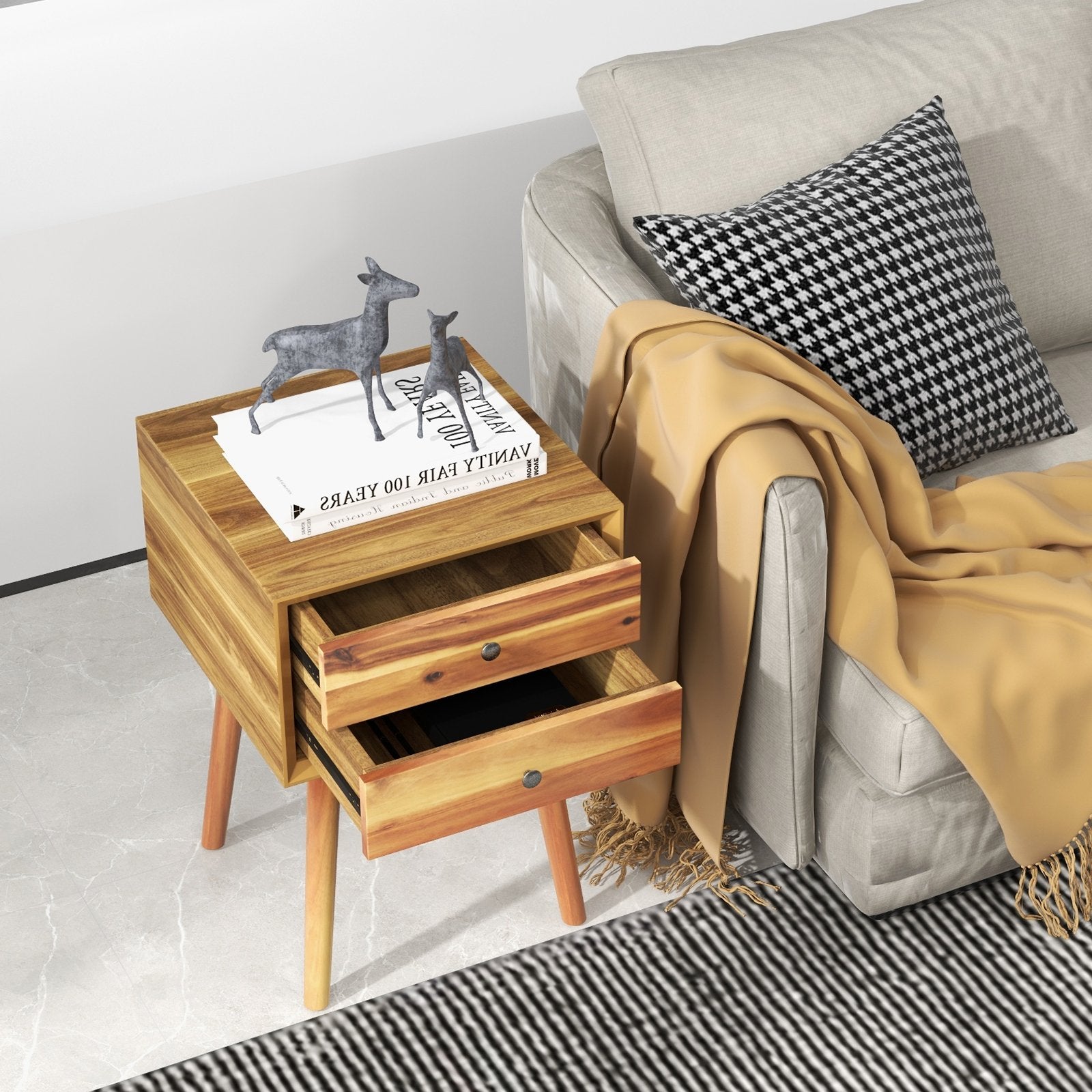 Wooden Nightstand Mid-Century End Side Table with 2 Storage Drawers, Natural Nightstands   at Gallery Canada