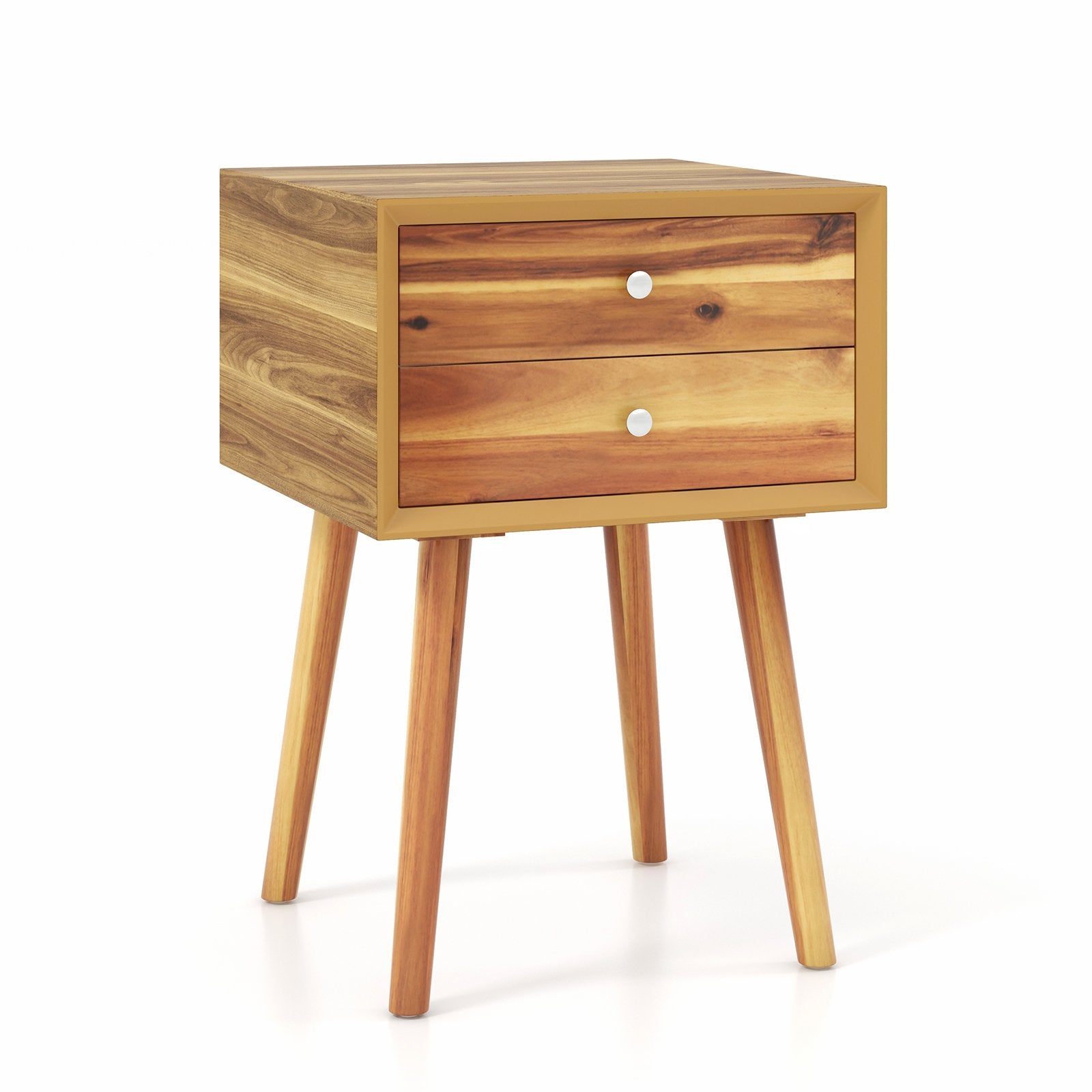 Wooden Nightstand Mid-Century End Side Table with 2 Storage Drawers, Natural Nightstands   at Gallery Canada