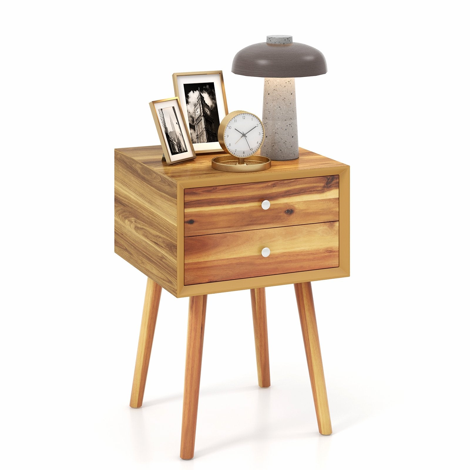 Wooden Nightstand Mid-Century End Side Table with 2 Storage Drawers, Natural Nightstands   at Gallery Canada