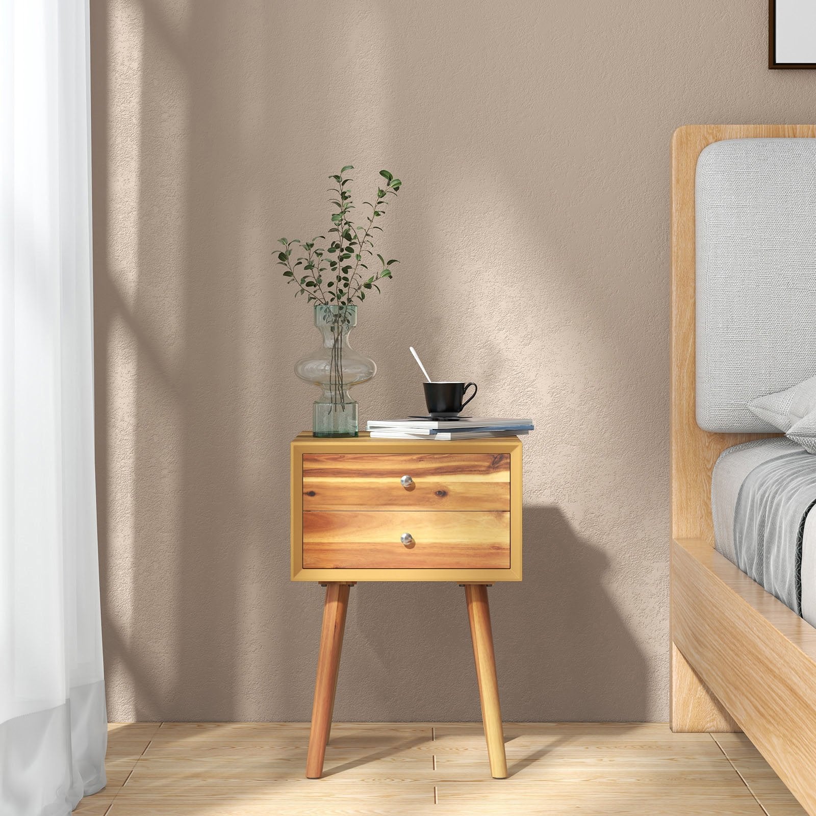 Wooden Nightstand Mid-Century End Side Table with 2 Storage Drawers, Natural Nightstands   at Gallery Canada