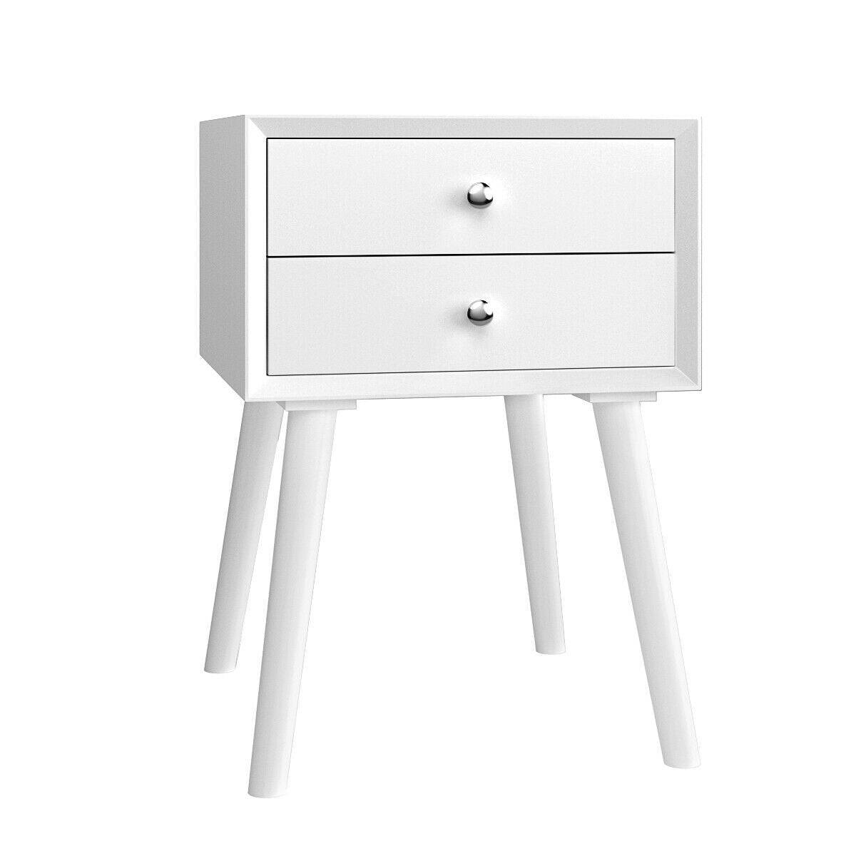 Wooden Nightstand Mid-Century End Side Table with 2 Storage Drawers, White Nightstands   at Gallery Canada