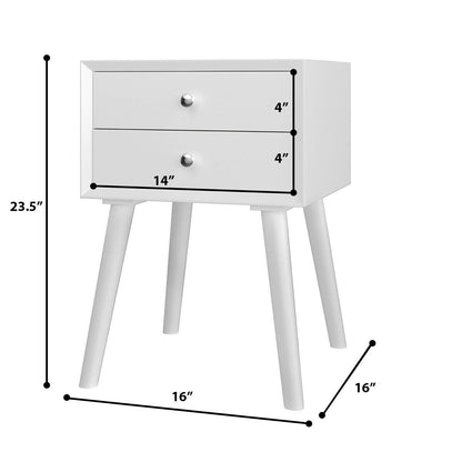 Wooden Nightstand Mid-Century End Side Table with 2 Storage Drawers, White - Gallery Canada