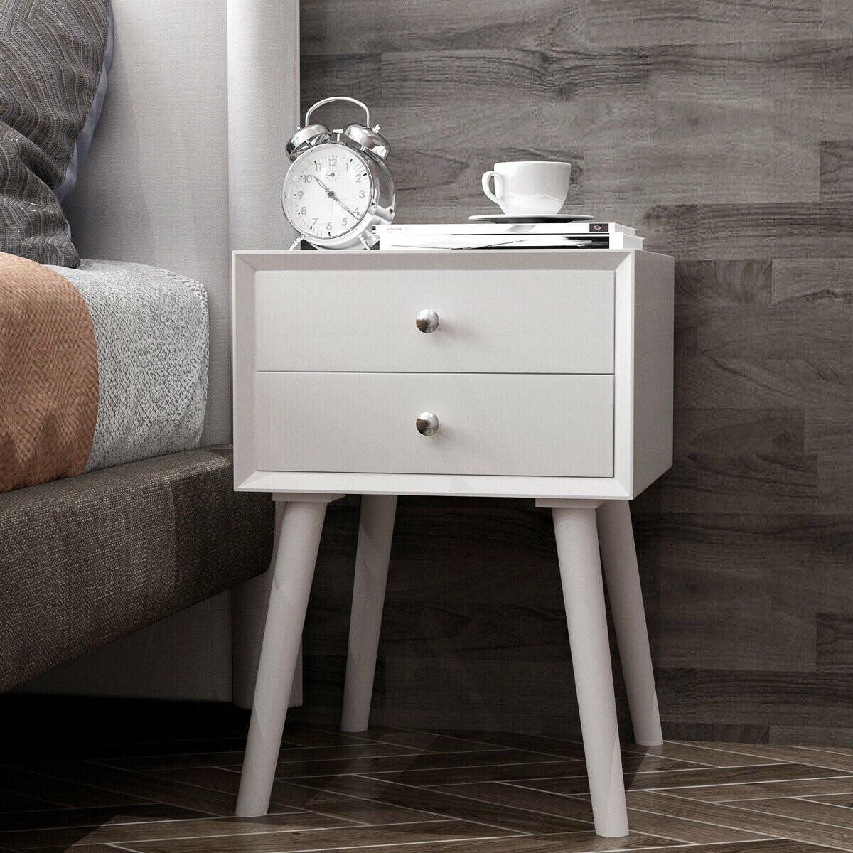 Wooden Nightstand Mid-Century End Side Table with 2 Storage Drawers, White Nightstands   at Gallery Canada