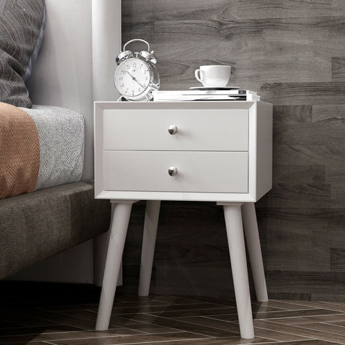 Wooden Nightstand Mid-Century End Side Table with 2 Storage Drawers, White