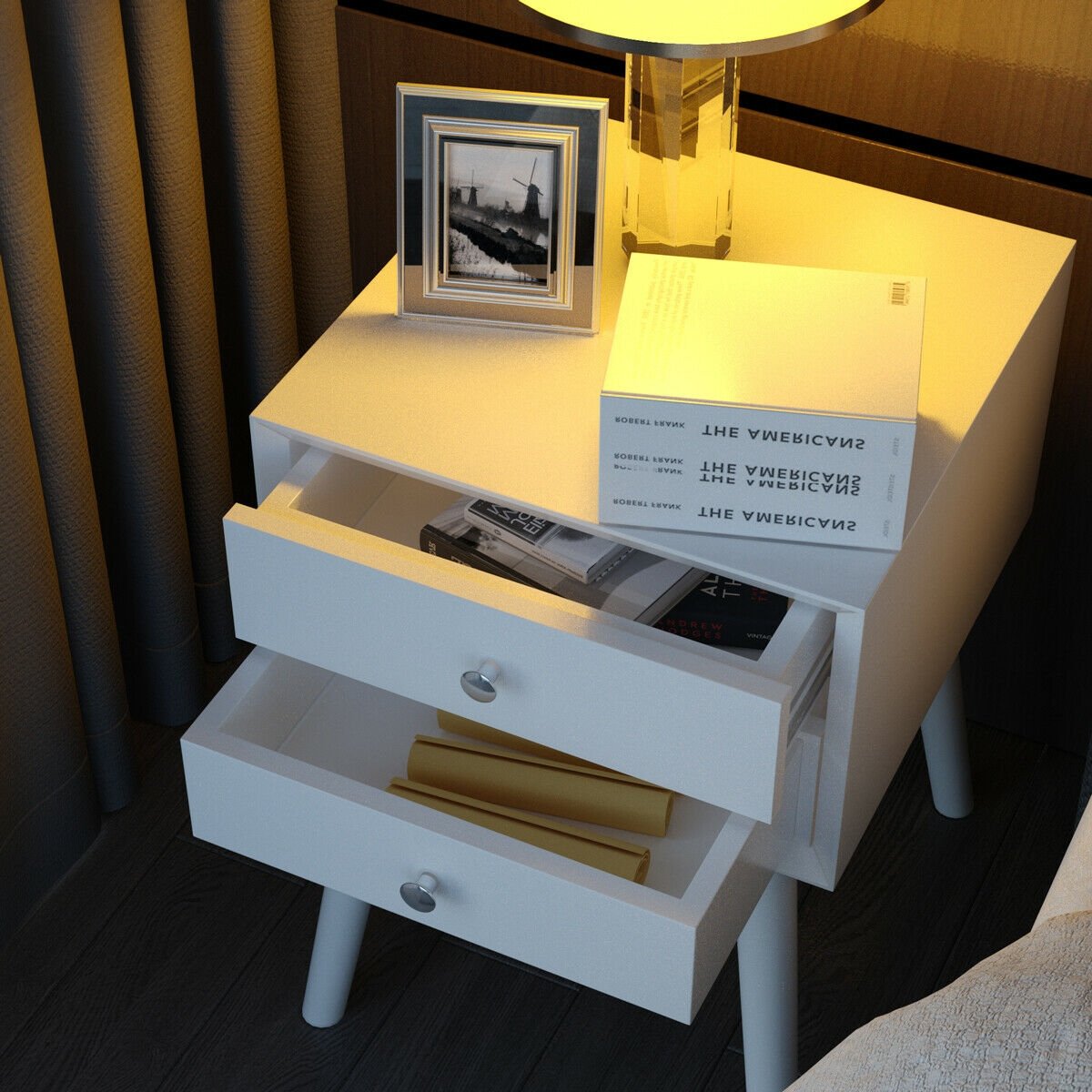 Wooden Nightstand Mid-Century End Side Table with 2 Storage Drawers, White Nightstands   at Gallery Canada