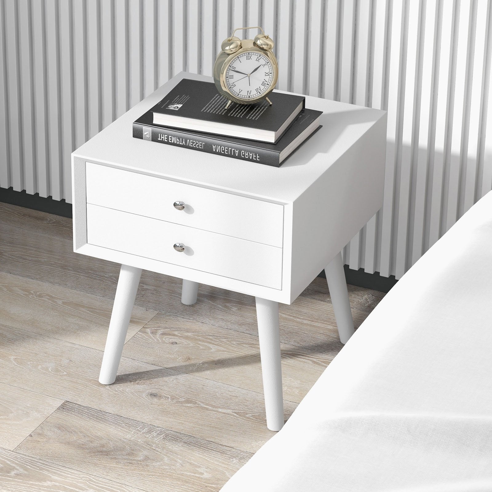 Wooden Nightstand Mid-Century End Side Table with 2 Storage Drawers, White Nightstands   at Gallery Canada