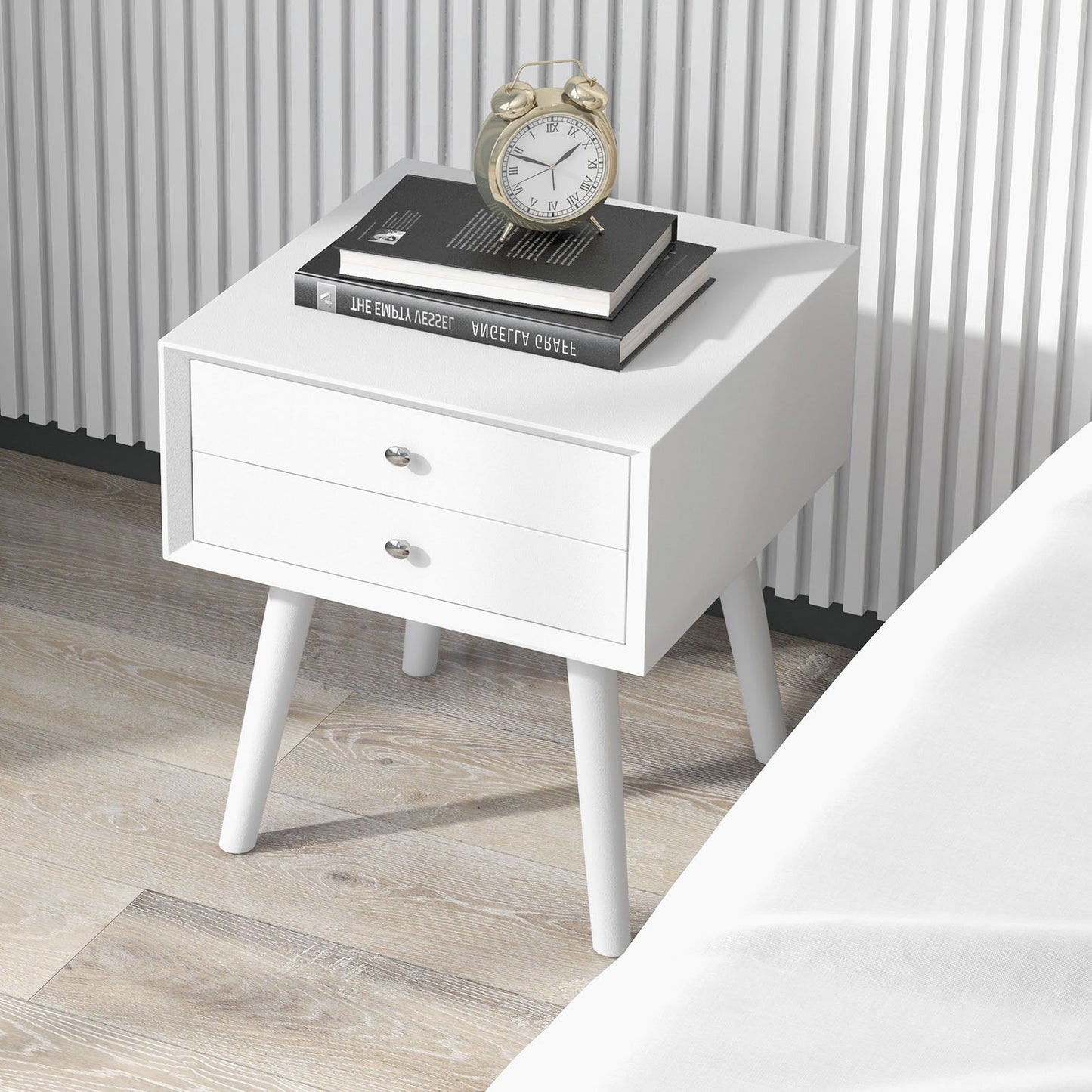 Wooden Nightstand Mid-Century End Side Table with 2 Storage Drawers, White - Gallery Canada